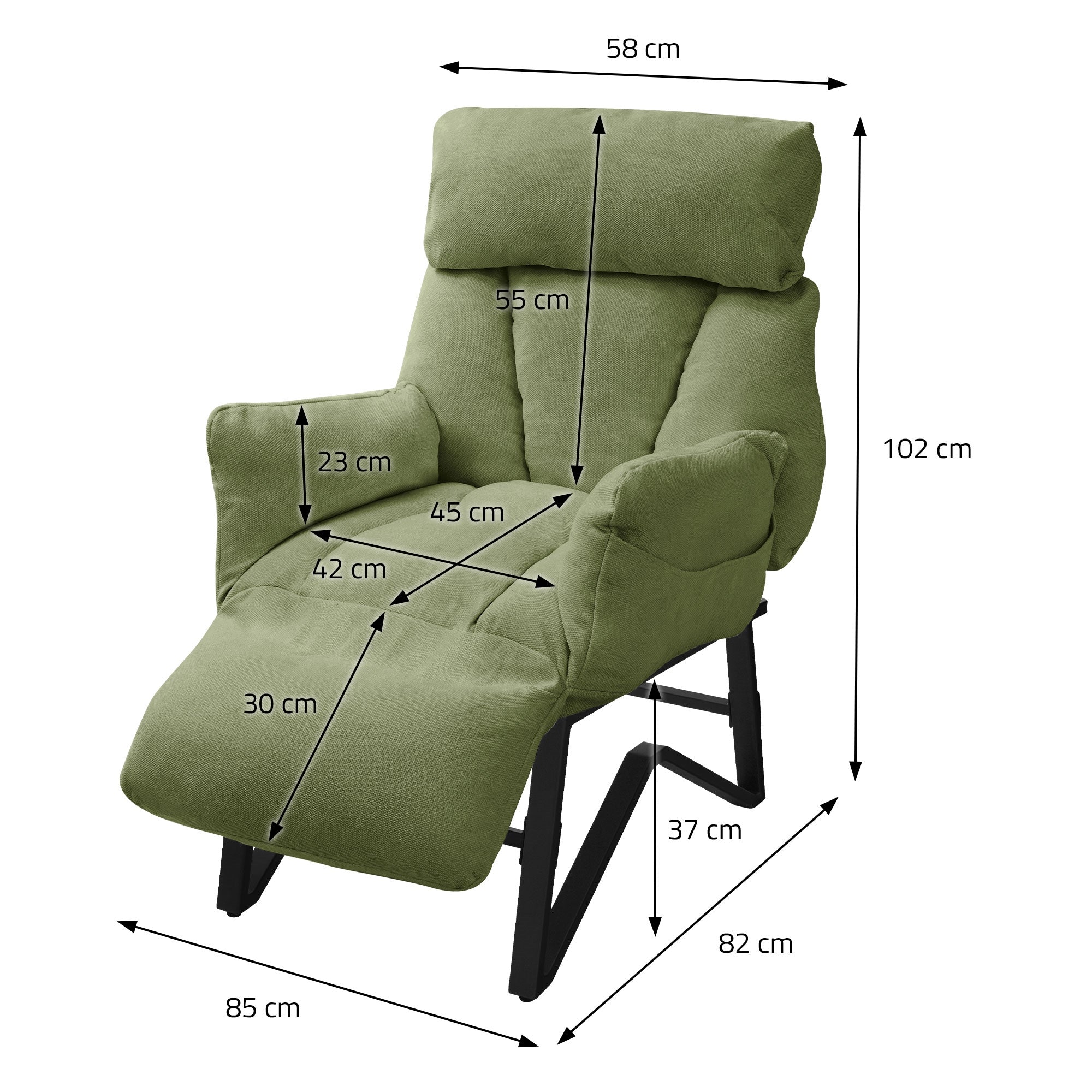 Grüner Relaxsessel mit Abmessungen: 58 cm Breite, 102 cm Höhe.