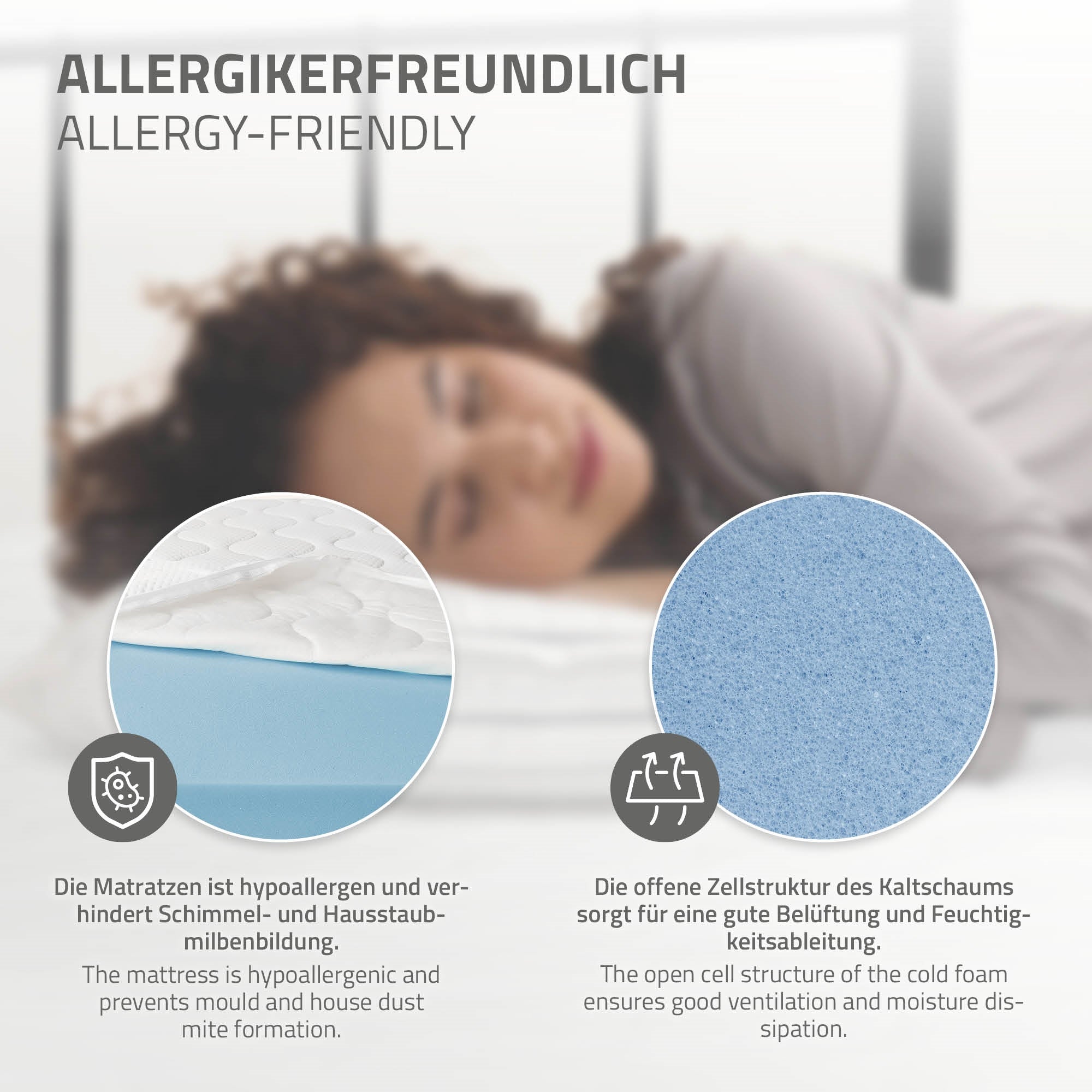 Személy hypoallergén matracon fekszik, két habréteggel.