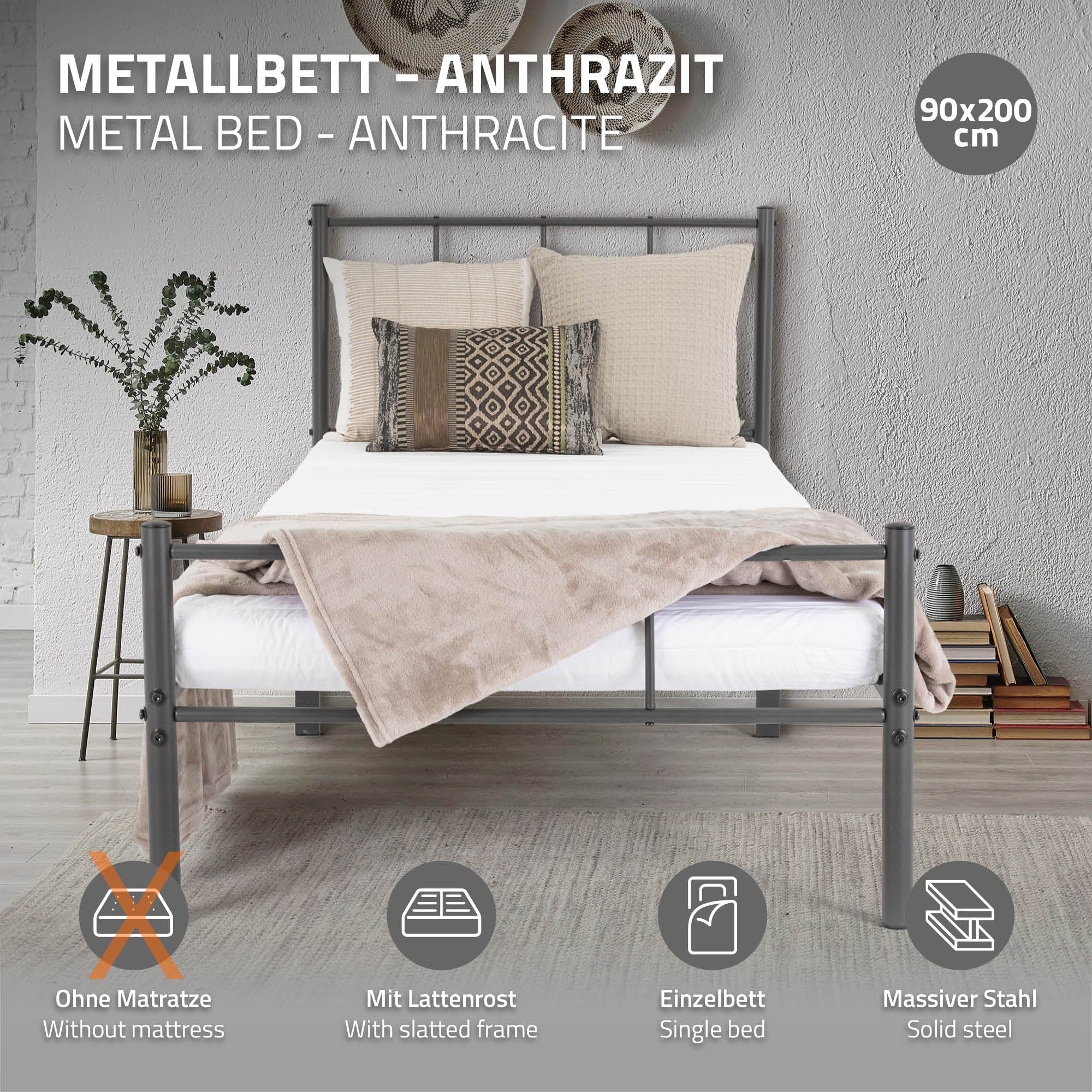 Metallbett in Anthrazit mit Kissen und Decke, 90x200 cm.