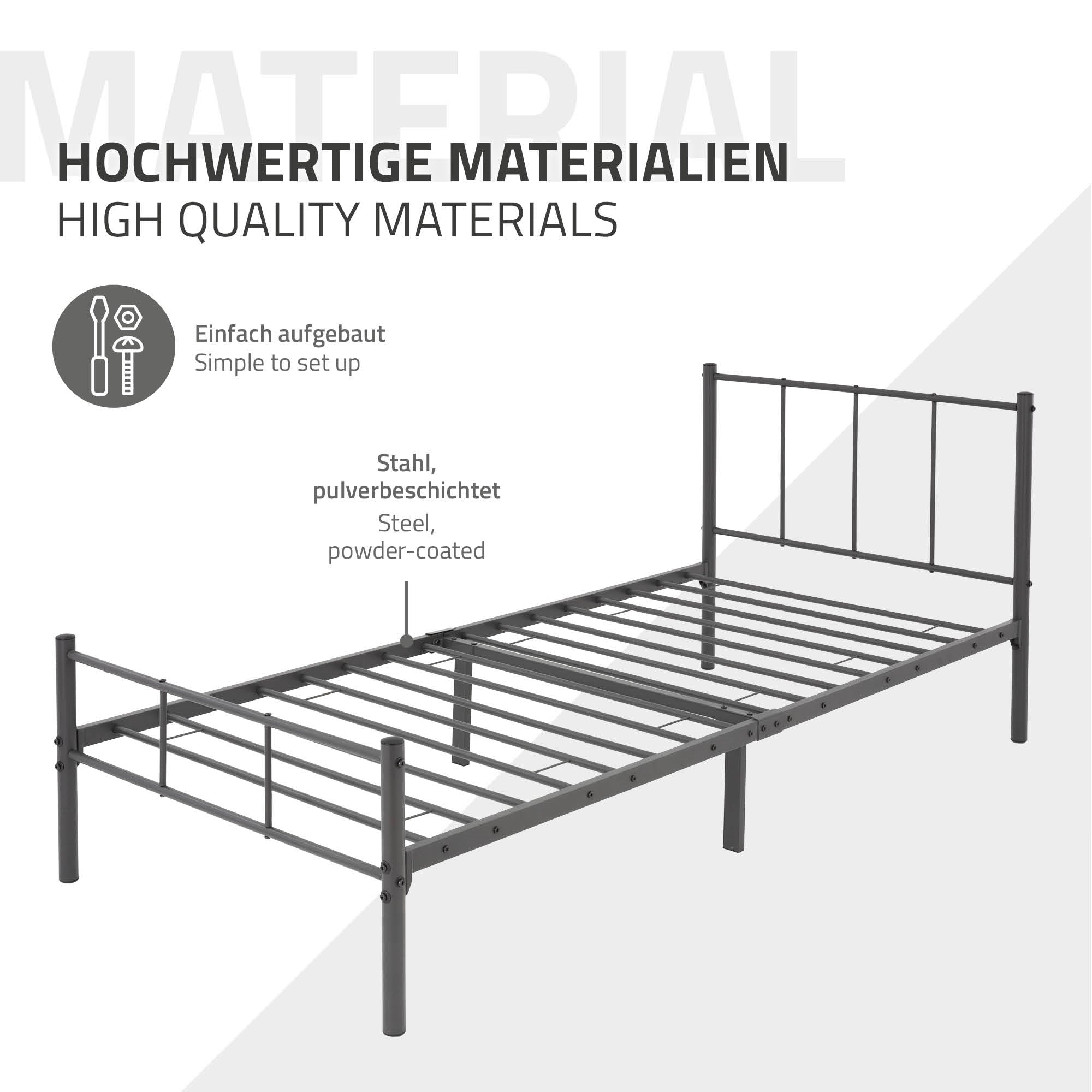 Bettgestell aus pulverbeschichtetem Stahl, mit Kopfteil und Lattenrost.