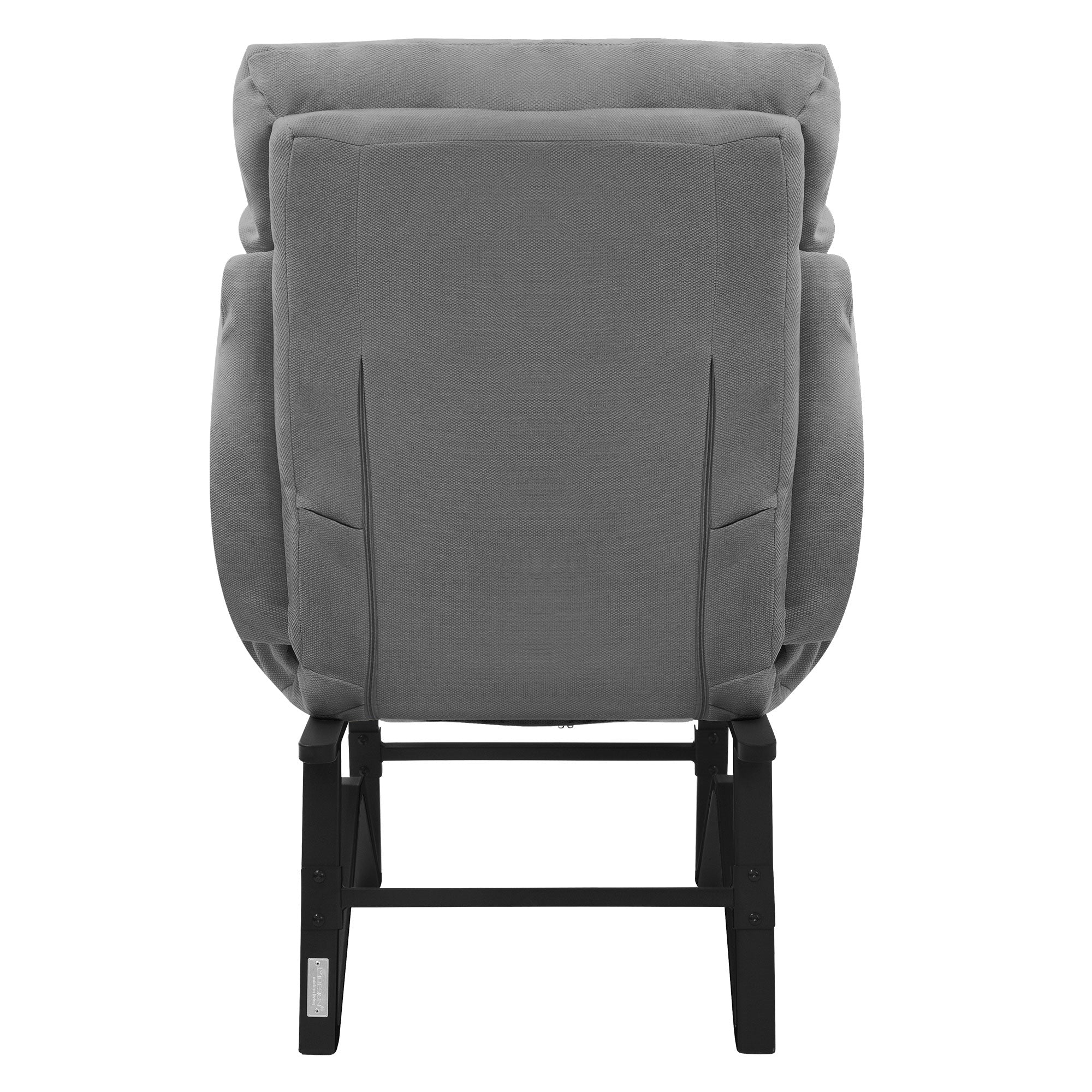 Vista trasera de un sillón de relax gris sobre una estructura negra.