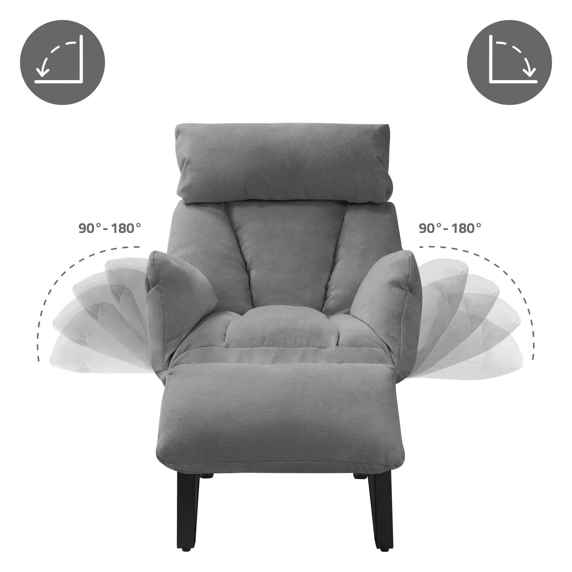 Sillón gris con reposabrazos y respaldo ajustables.