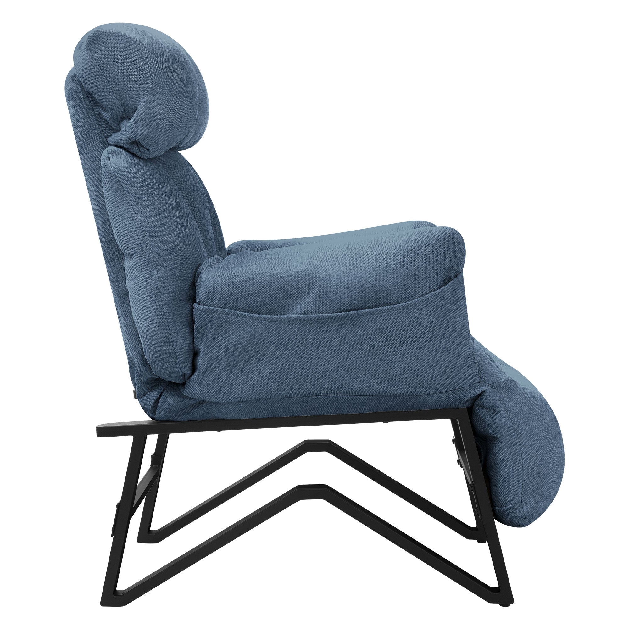 Blue armchair in profile, with a padded backrest and a sturdy frame.