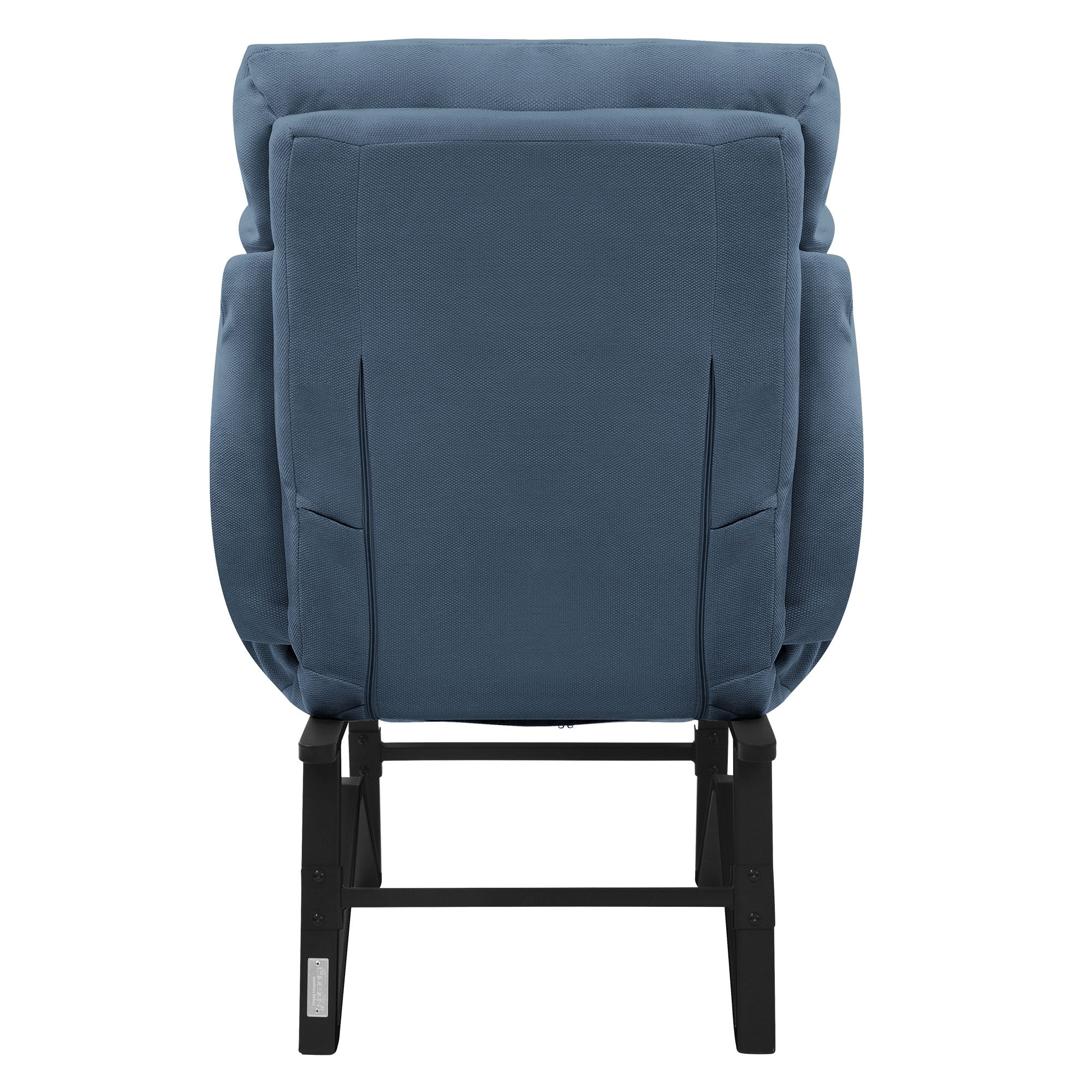 Rear view of a blue reclining armchair with a black frame.