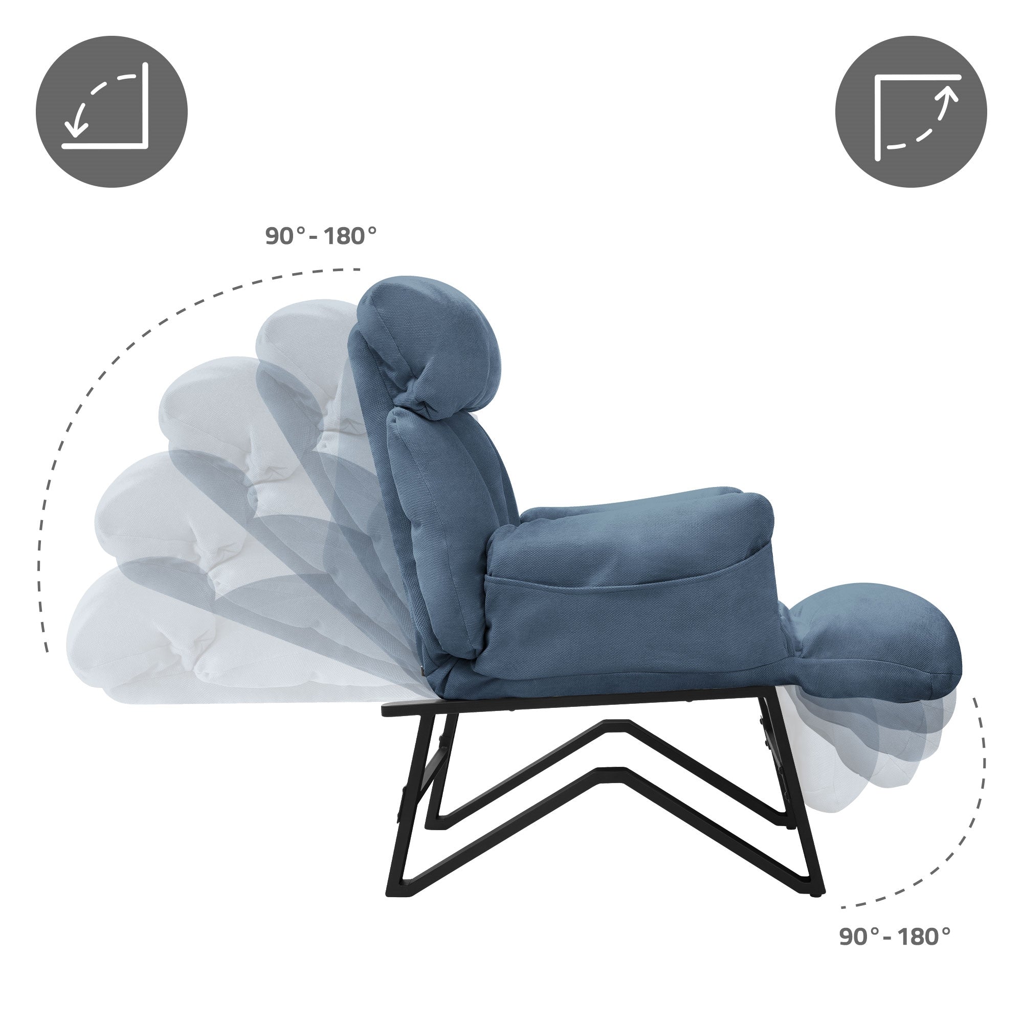 Blue reclining armchair in side view, with a movable backrest.