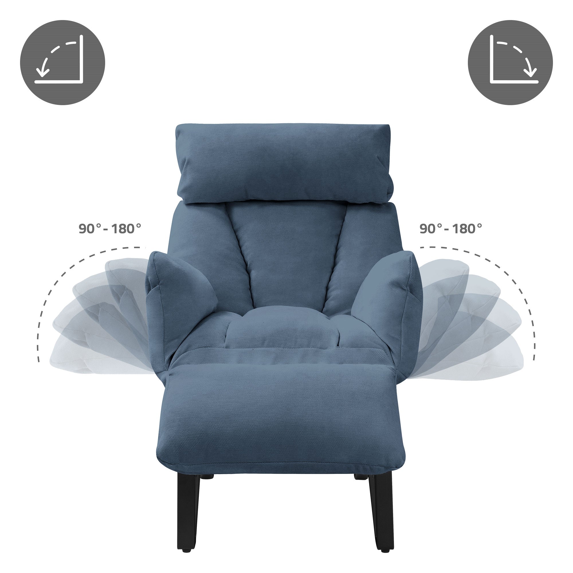 Blue reclining armchair with adjustable armrests and backrest.