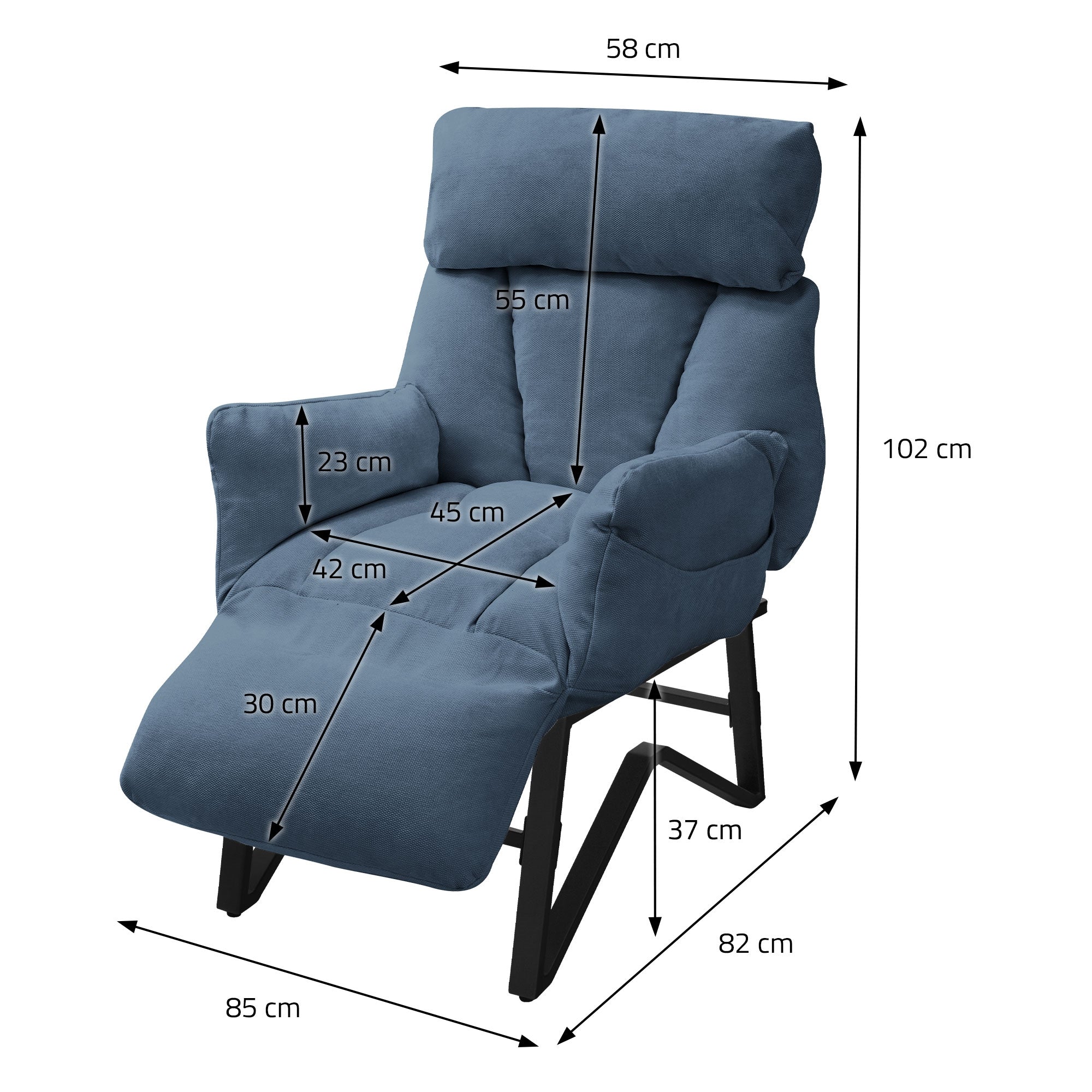 Blue reclining armchair with measurements in centimeters.