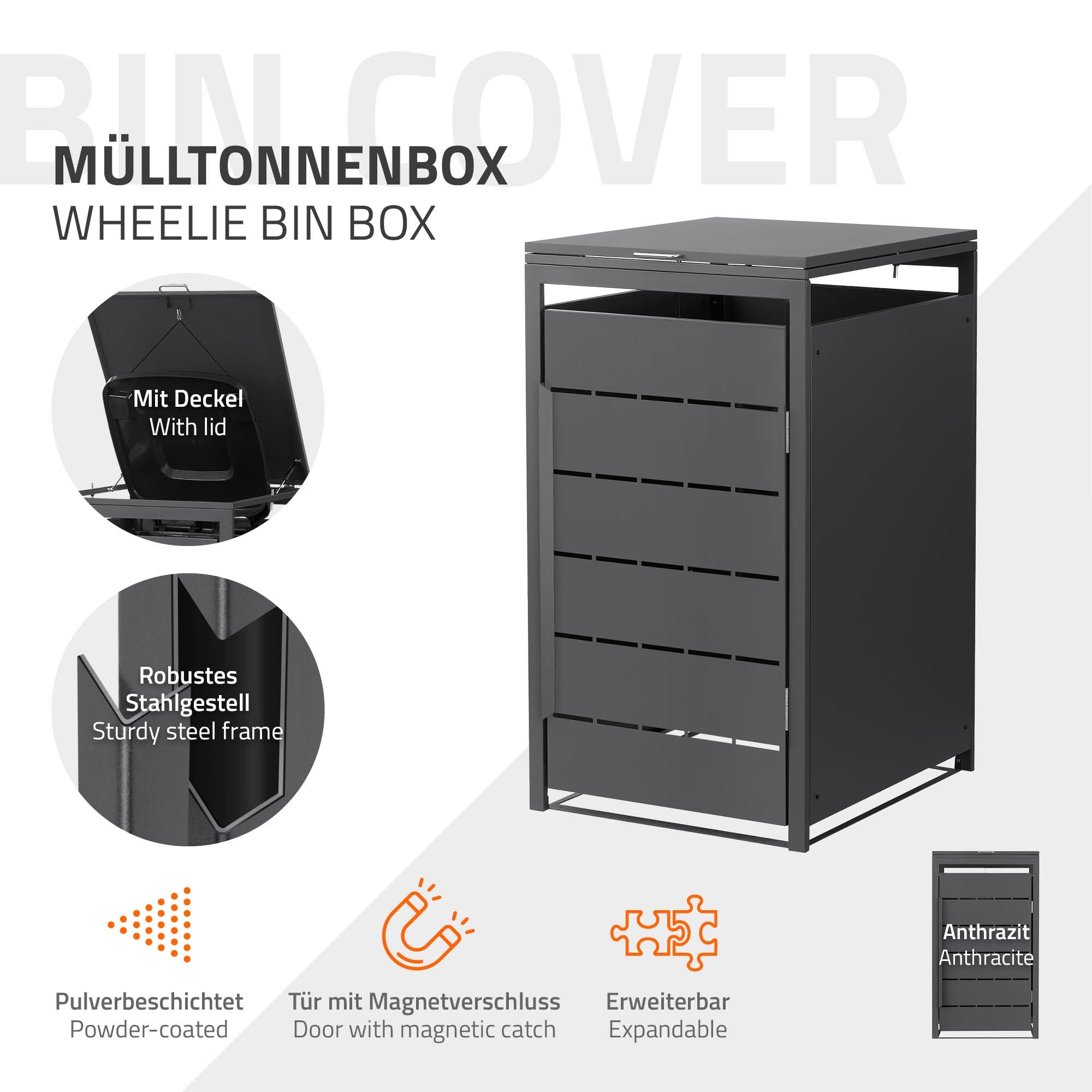 Mülltonnenbox mit Deckel, robustem Stahlgestell und anthrazitfarbener Pulverbeschich