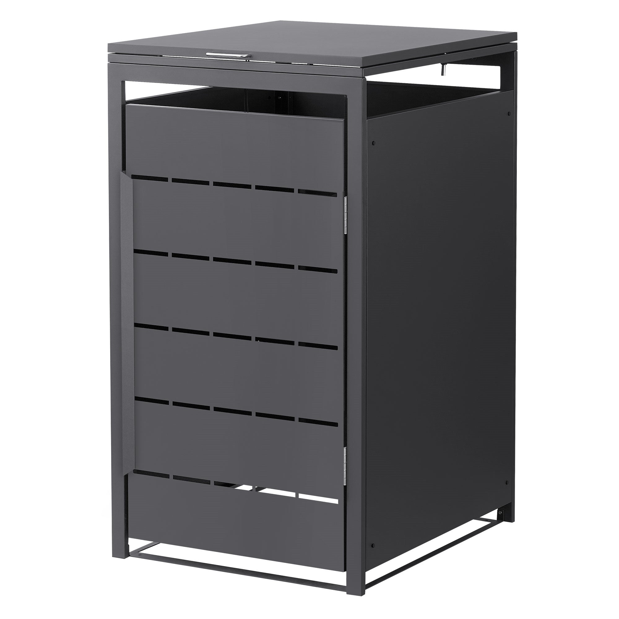 Hohe Mülltonnenbox aus Metall mit horizontalen Schlitzen.