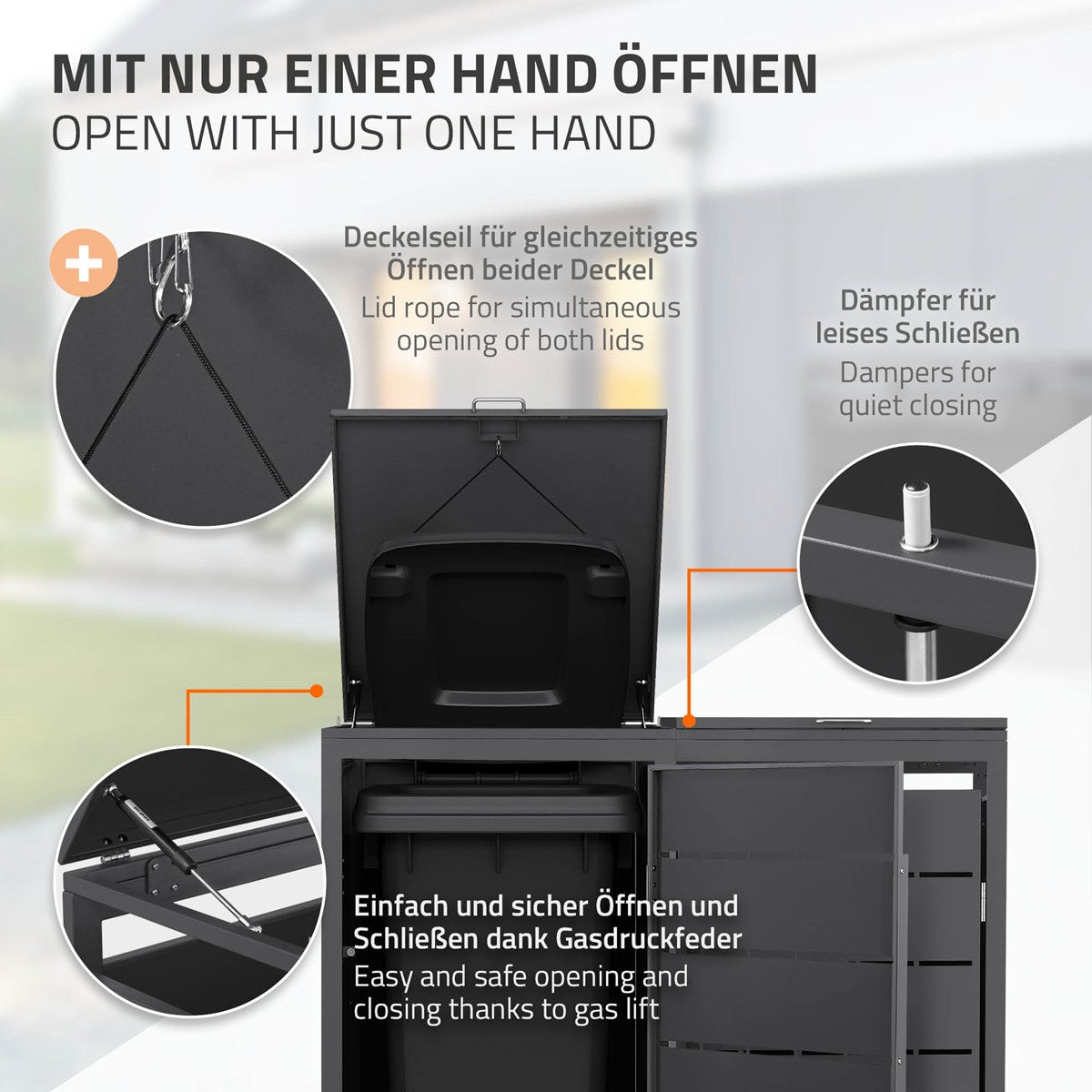Grafika a szemetesládabox használatáról, bemutatja a nyitási mechanizmust.