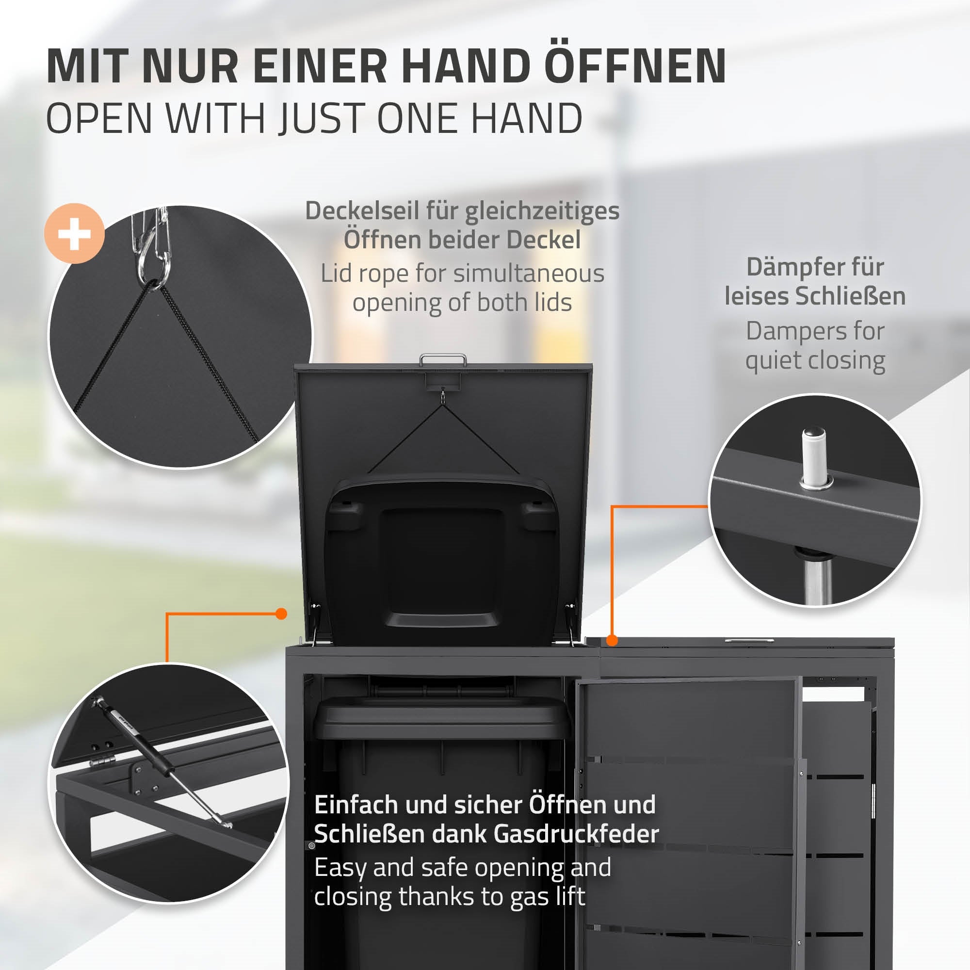 Grafik zur Bedienung der Mülltonnenbox, zeigt Öffnungsmechanismus.