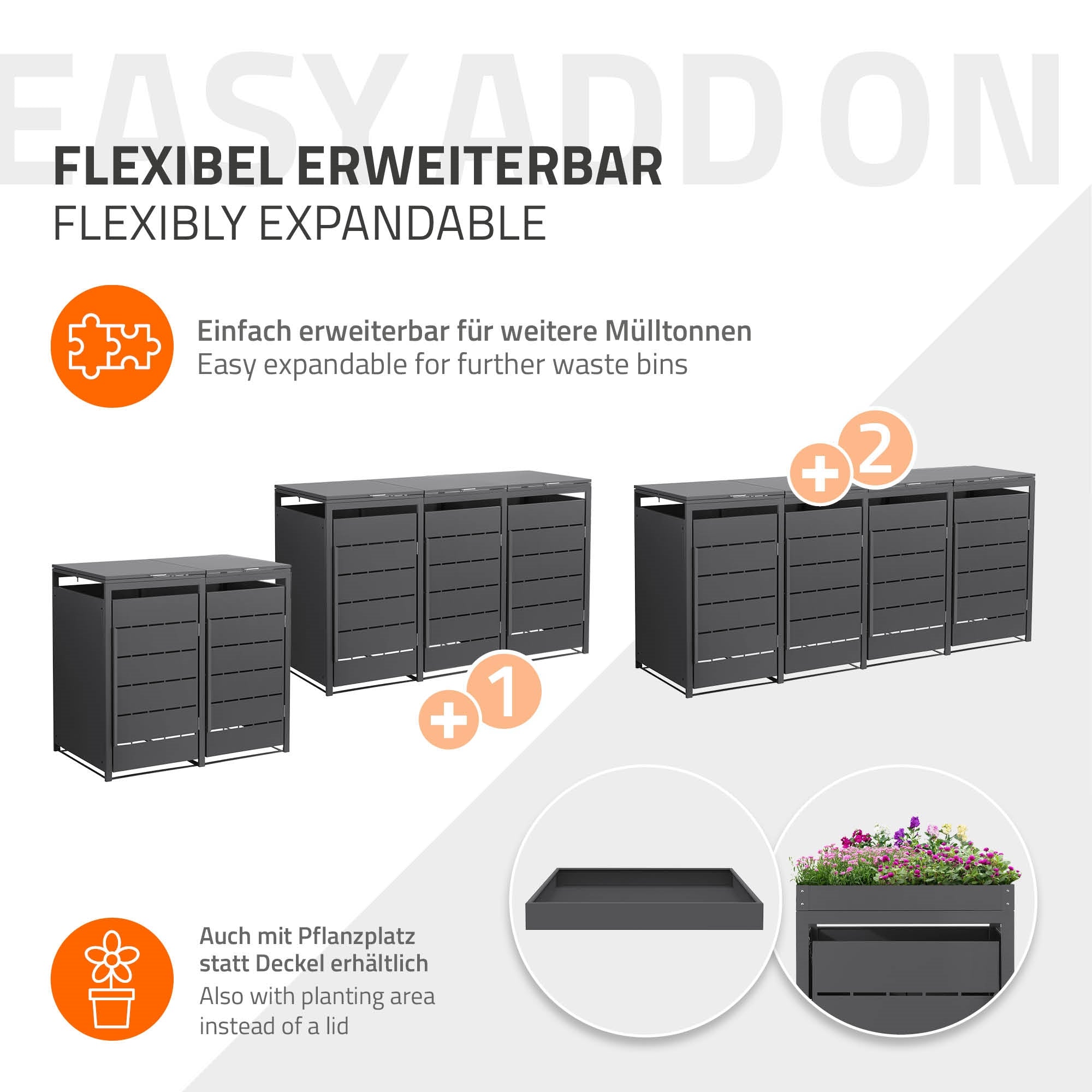 Erweiterbare Mülltonnenbox mit Platz für zusätzliche Mülltonnen.