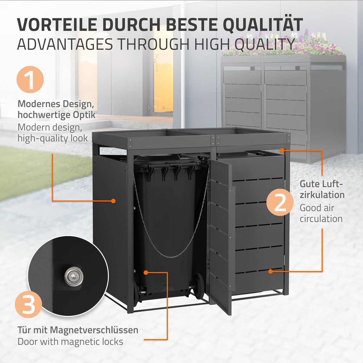 Waste container box with good air circulation and magnetic closures.