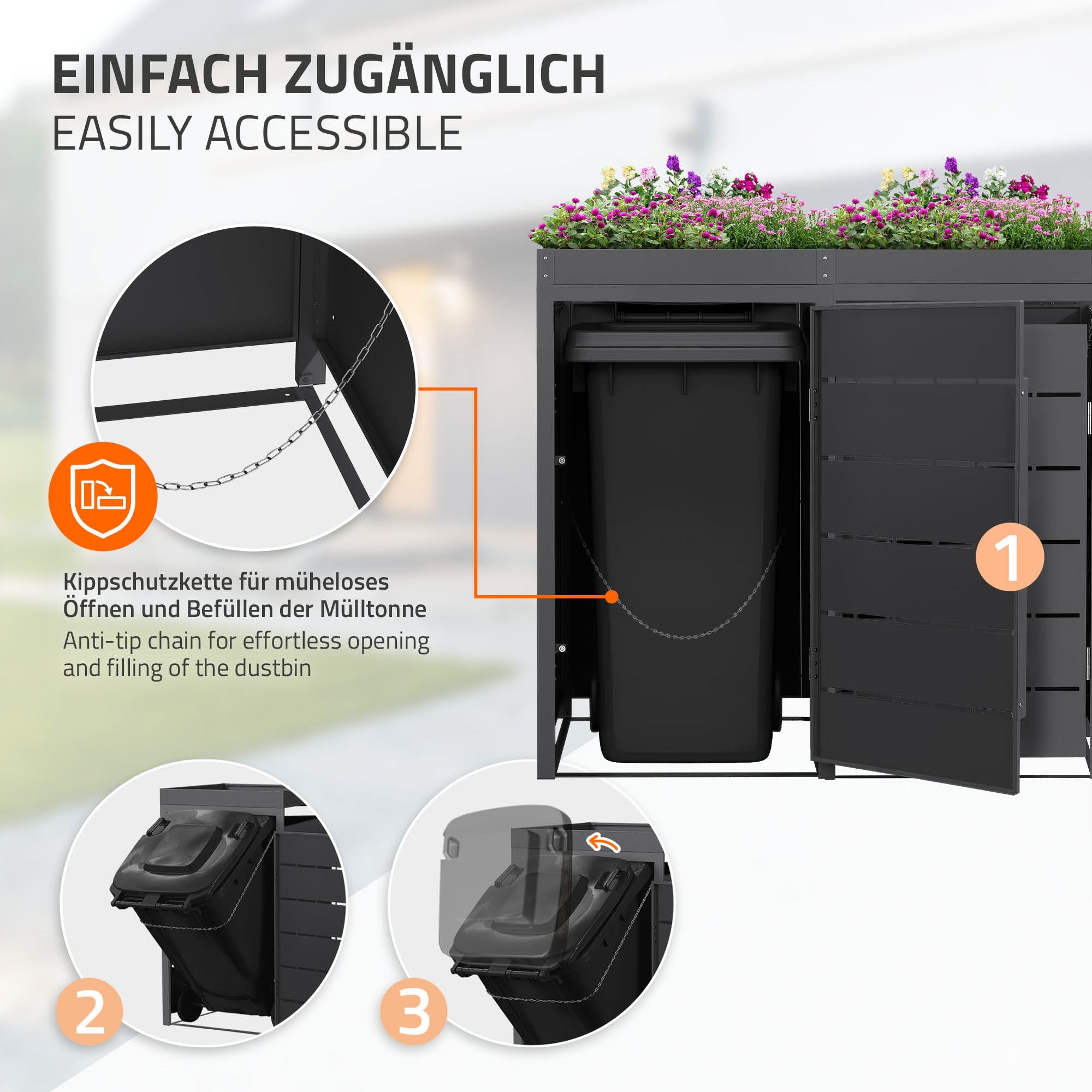 Eine Mülltonnenbox mit Pflanzenbereich und zwei Mülltonnen.