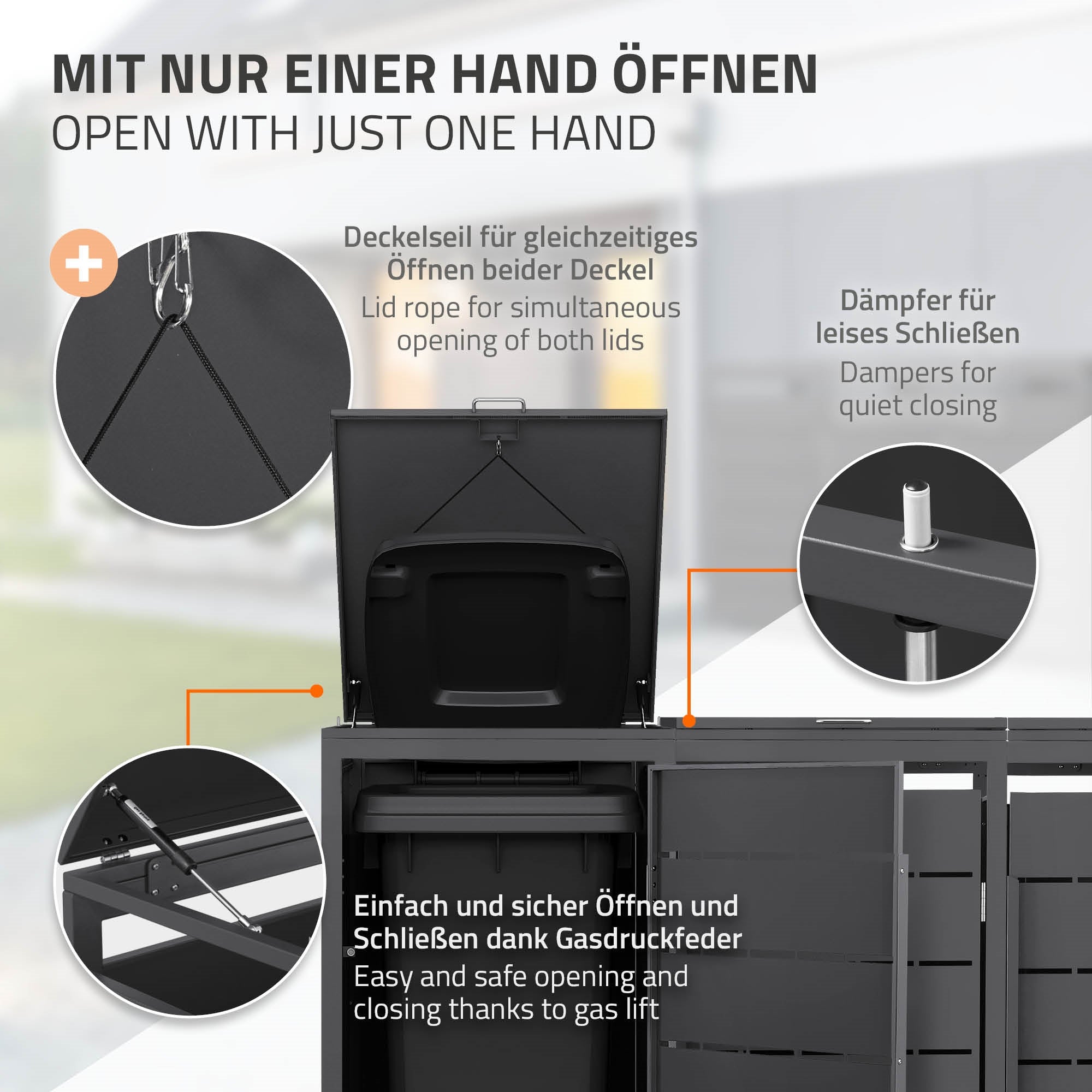Deckel der Mülltonnenbox, der mit einer Hand geöffnet werden kann.