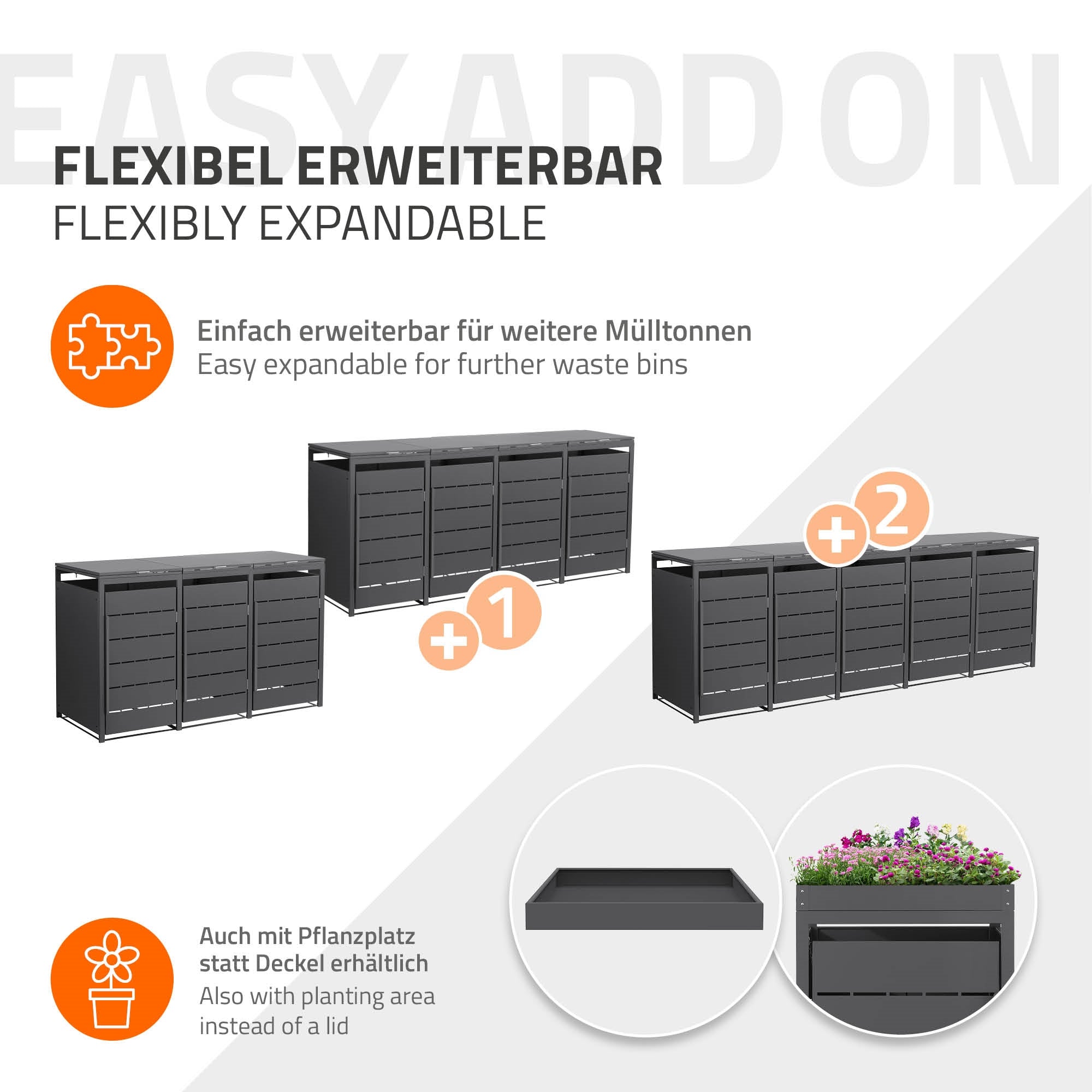 Erweiterbare Mülltonnenbox mit Platz für zusätzliche Mülltonnen.