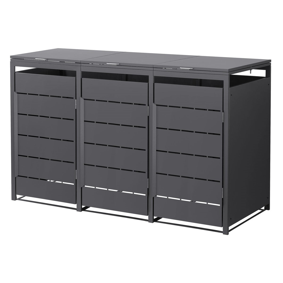 Drei Mülltonnen in grauem Metallrahmen mit horizontalen Schlitzen.