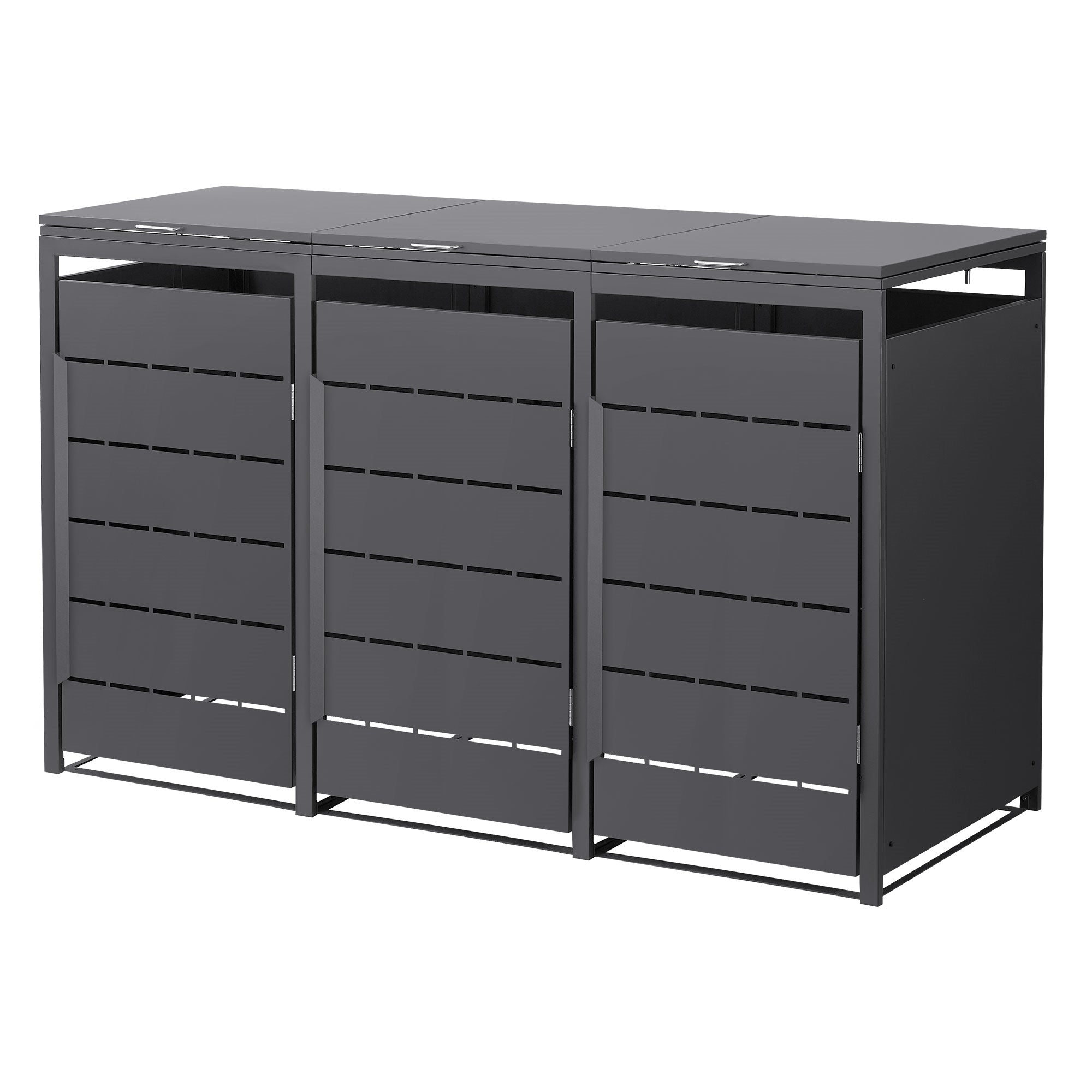 Drei Mülltonnen in grauem Metallrahmen mit horizontalen Schlitzen.
