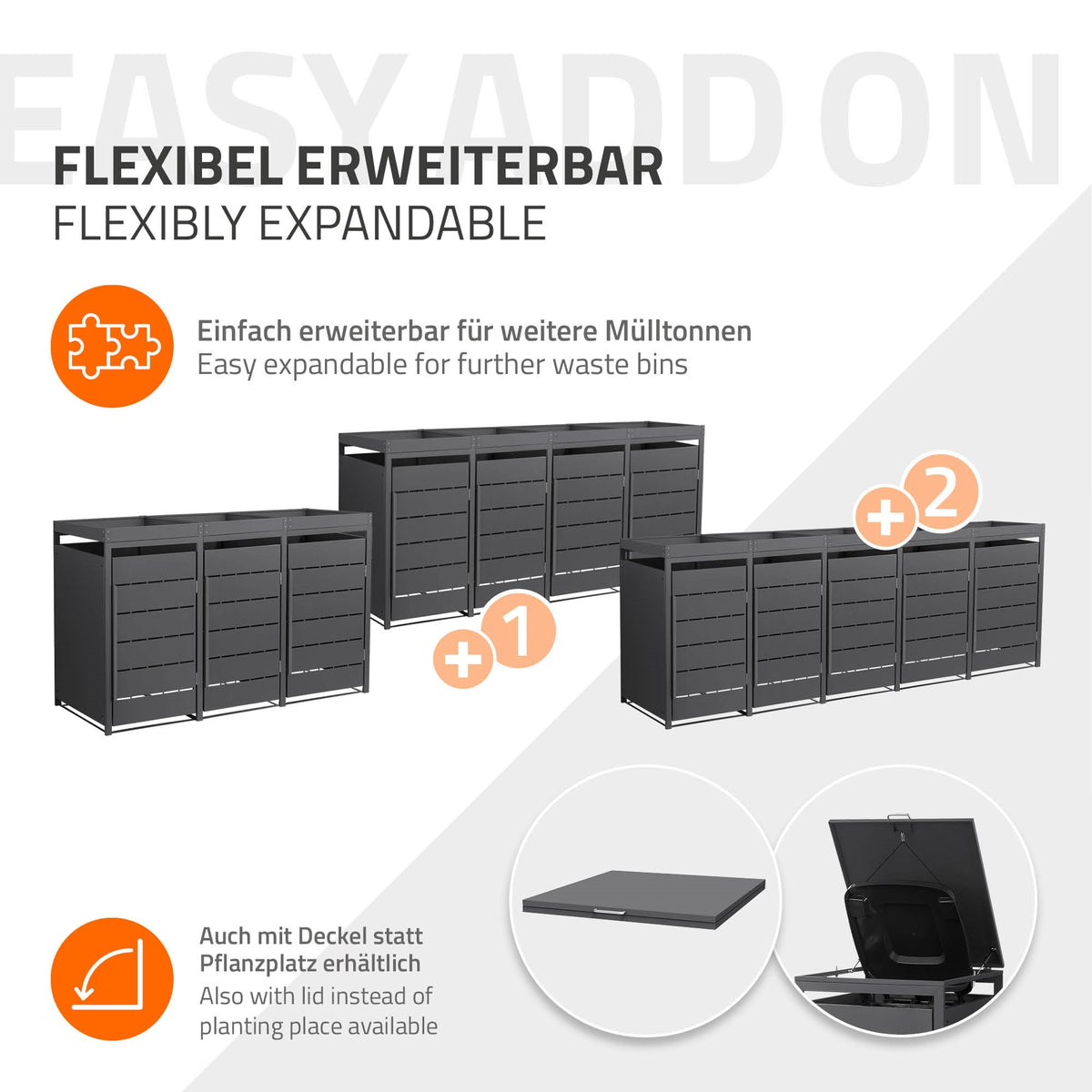 Erweiterbare Mülltonnenbox mit Platz für zusätzliche Mülltonnen.