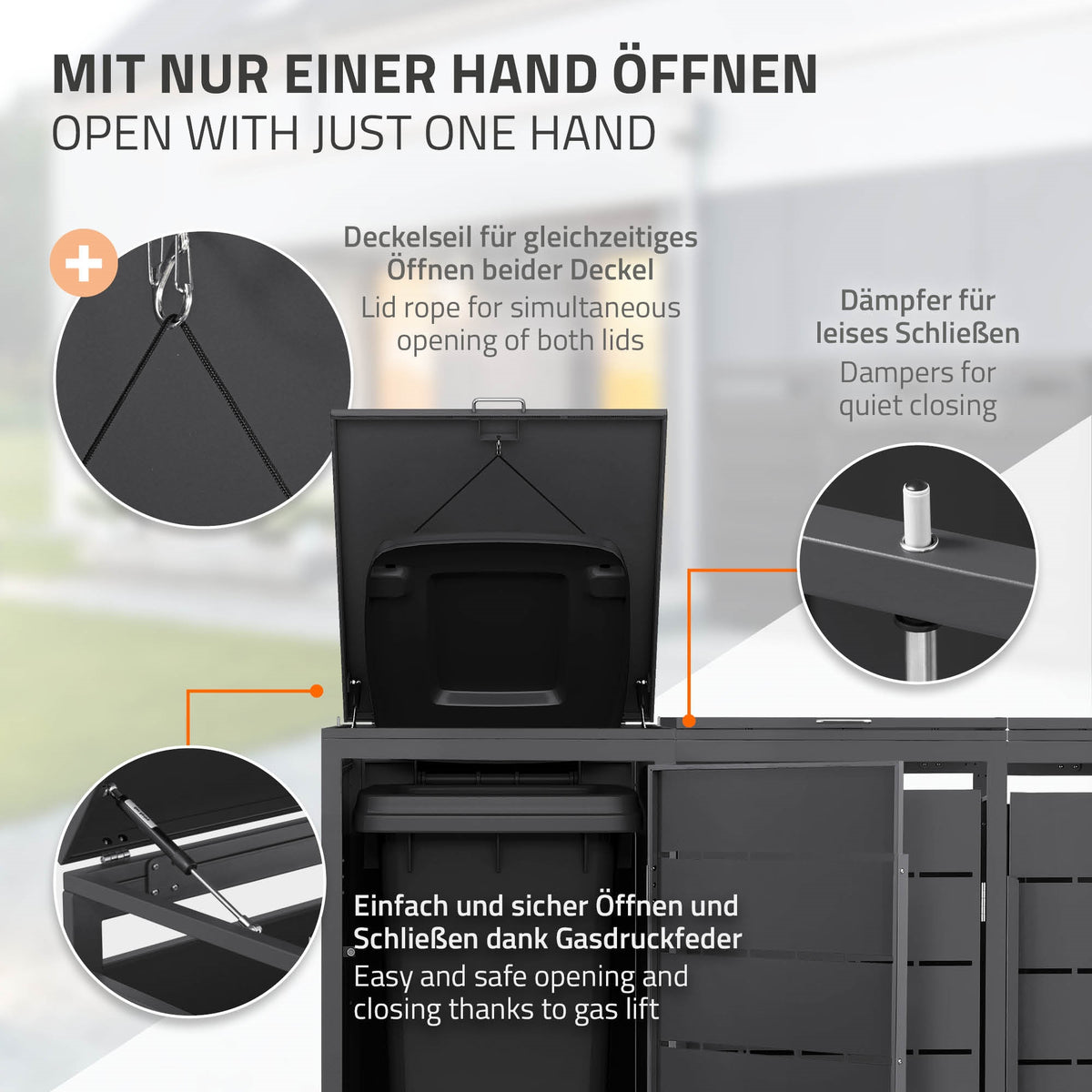 Grafik zur einhändigen Bedienung der Mülltonnenbox mit Dämpfern.