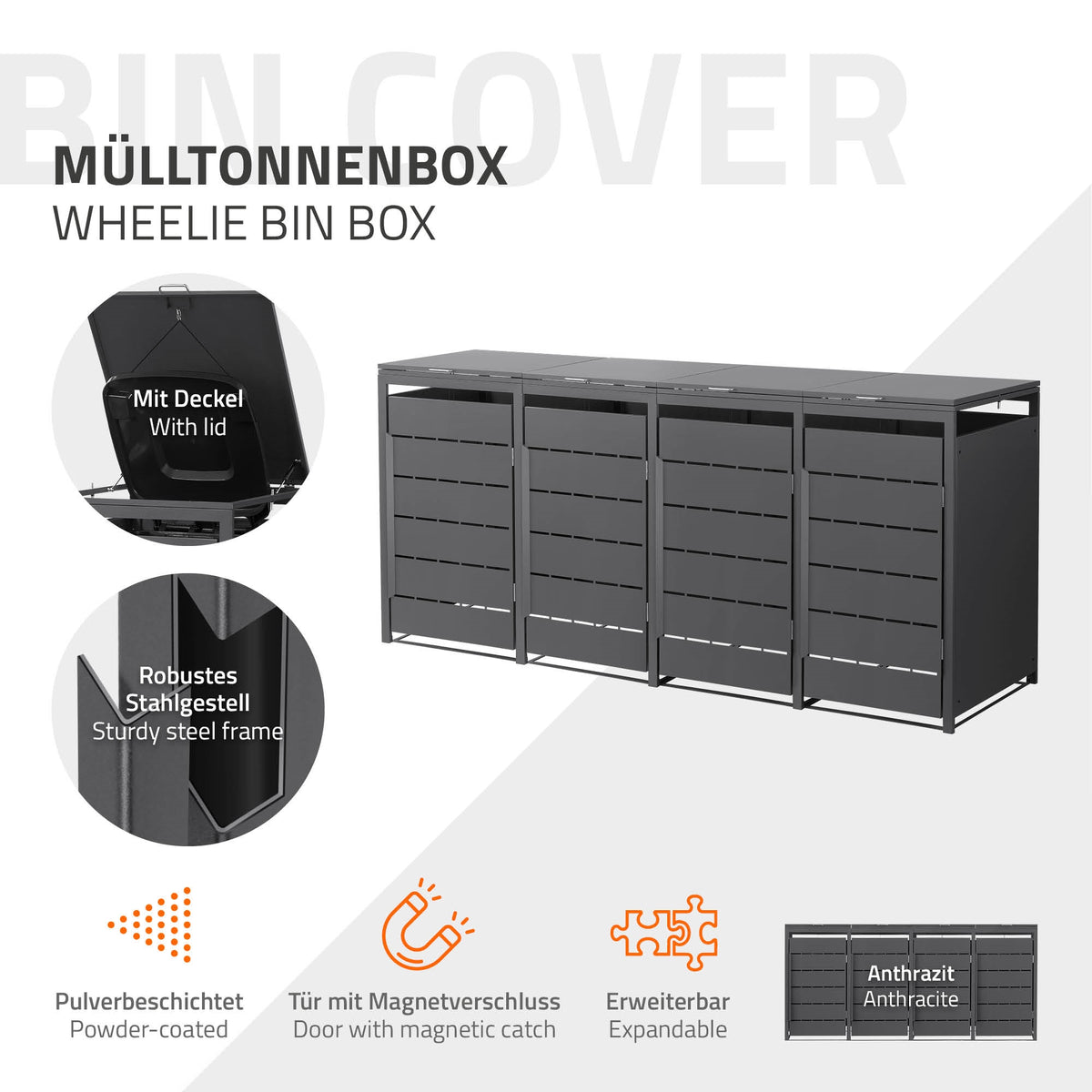 Mülltonnenbox mit Deckel, robustem Stahlrahmen und anthrazitfarbener Oberfläche.