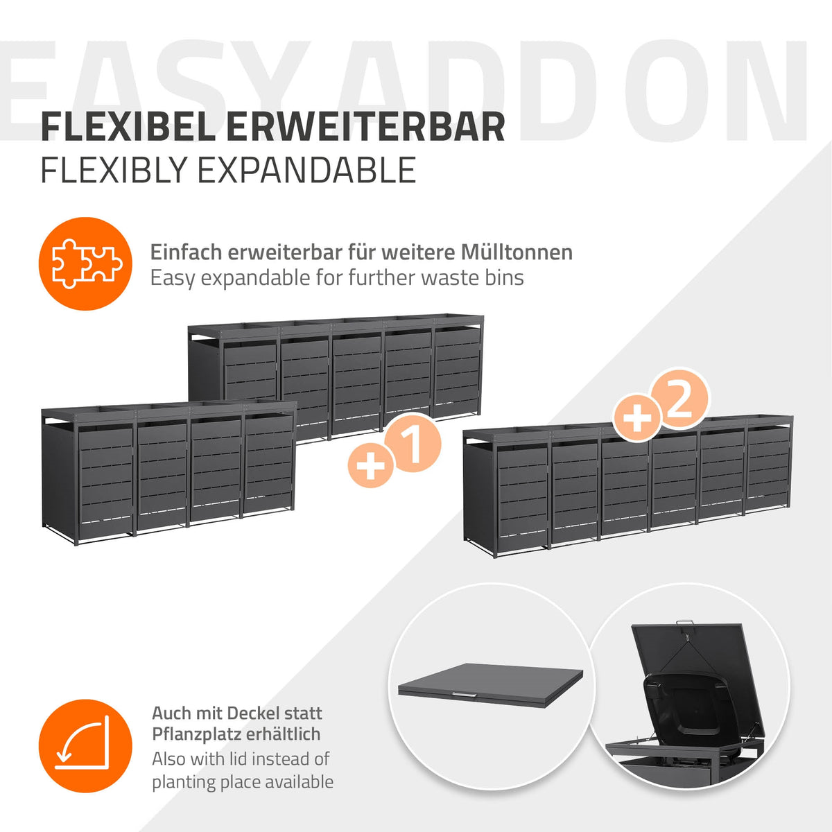 Grafik zur flexiblen Erweiterbarkeit von Mülltonnenboxen, zeigt verschiedene Anordnu
