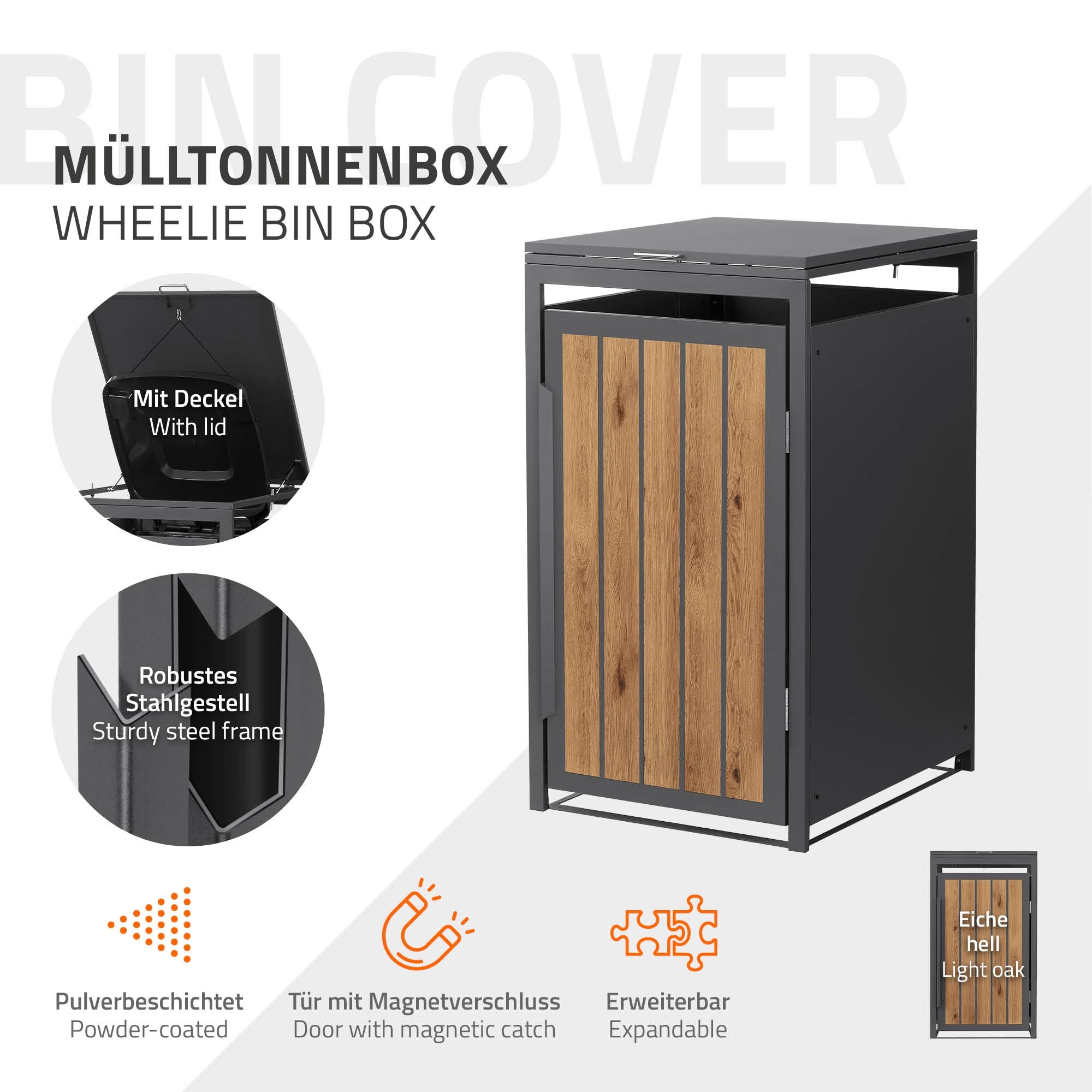 Grafik zu einer Mülltonnenbox mit Deckel und robustem Rahmen.