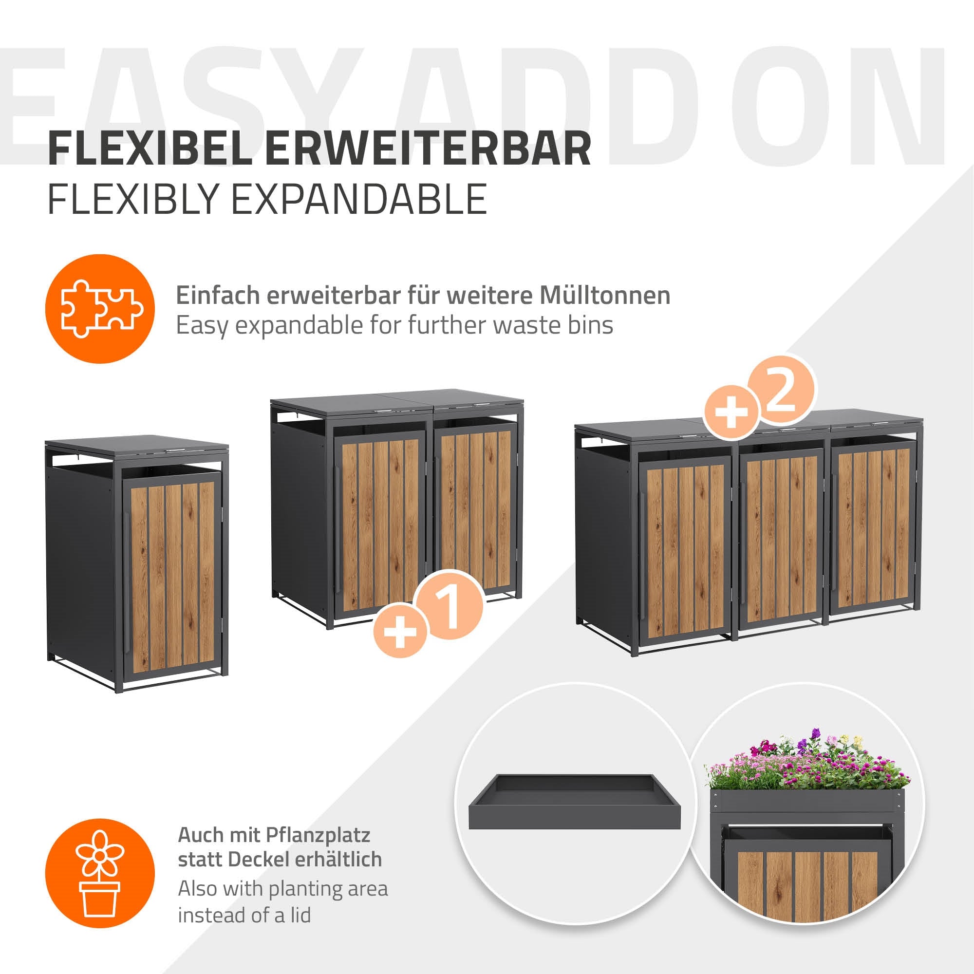 Grafik zur flexiblen Erweiterbarkeit von Mülltonnenboxen mit Pflanzenplatz.