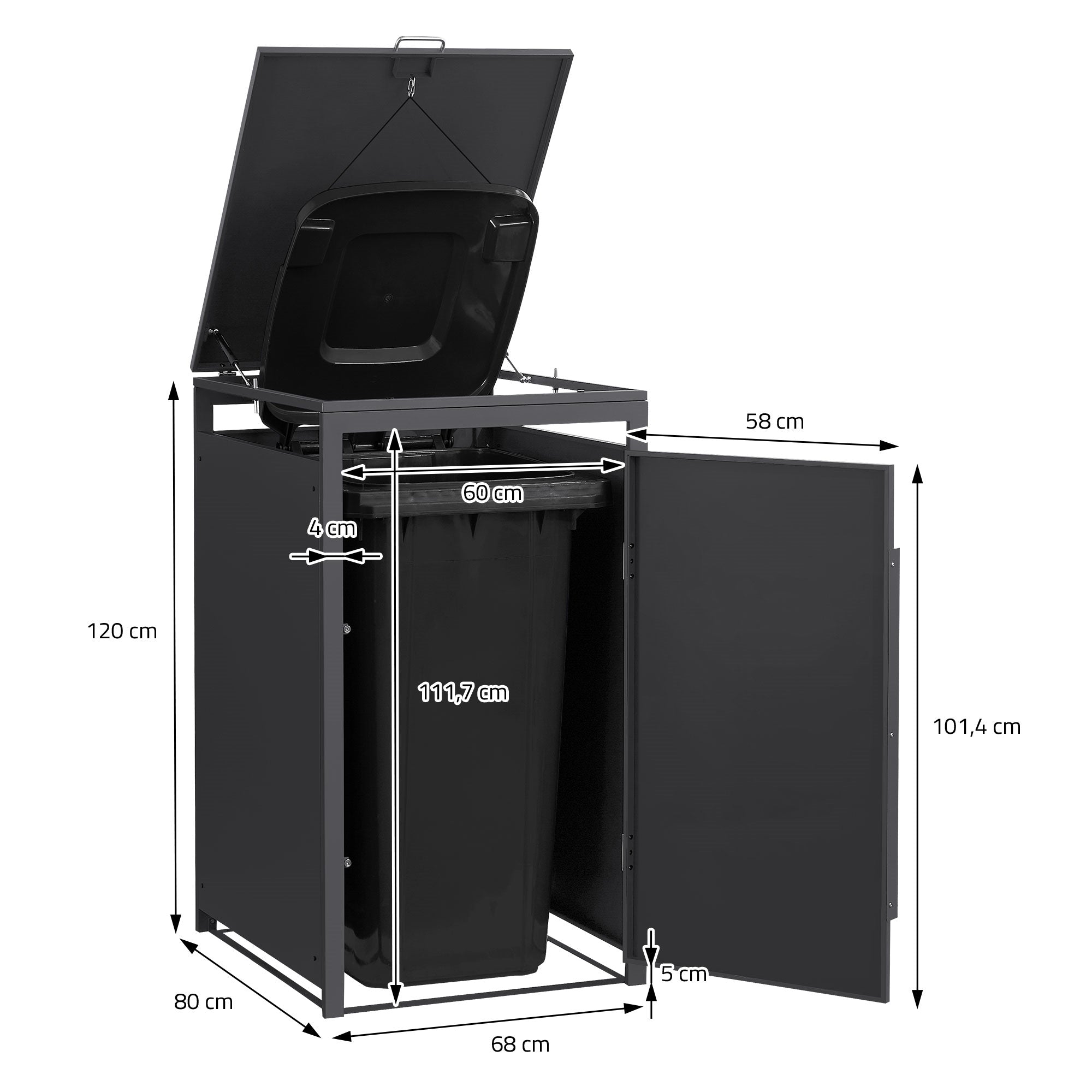 Mülltonnenbox mit Maßangaben, offen, schwarze Tonne sichtbar.
