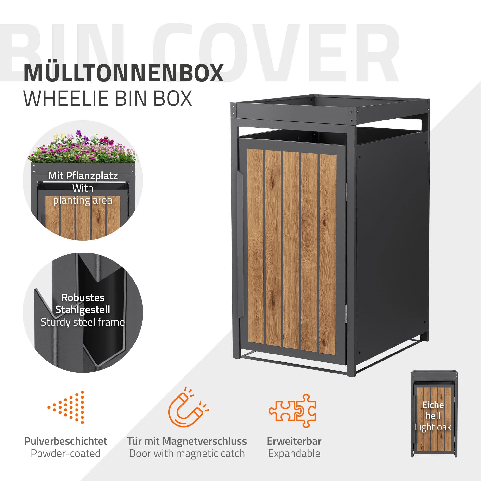 Grafik einer Mülltonnenbox mit Pflanzplatz und robustem Stahlgestell.