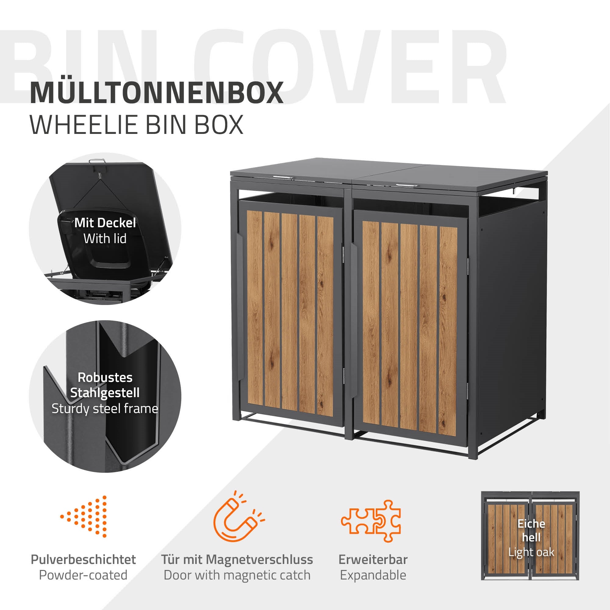Mülltonnenbox mit Deckel, robustem Stahlrahmen und Holzverkleidung.