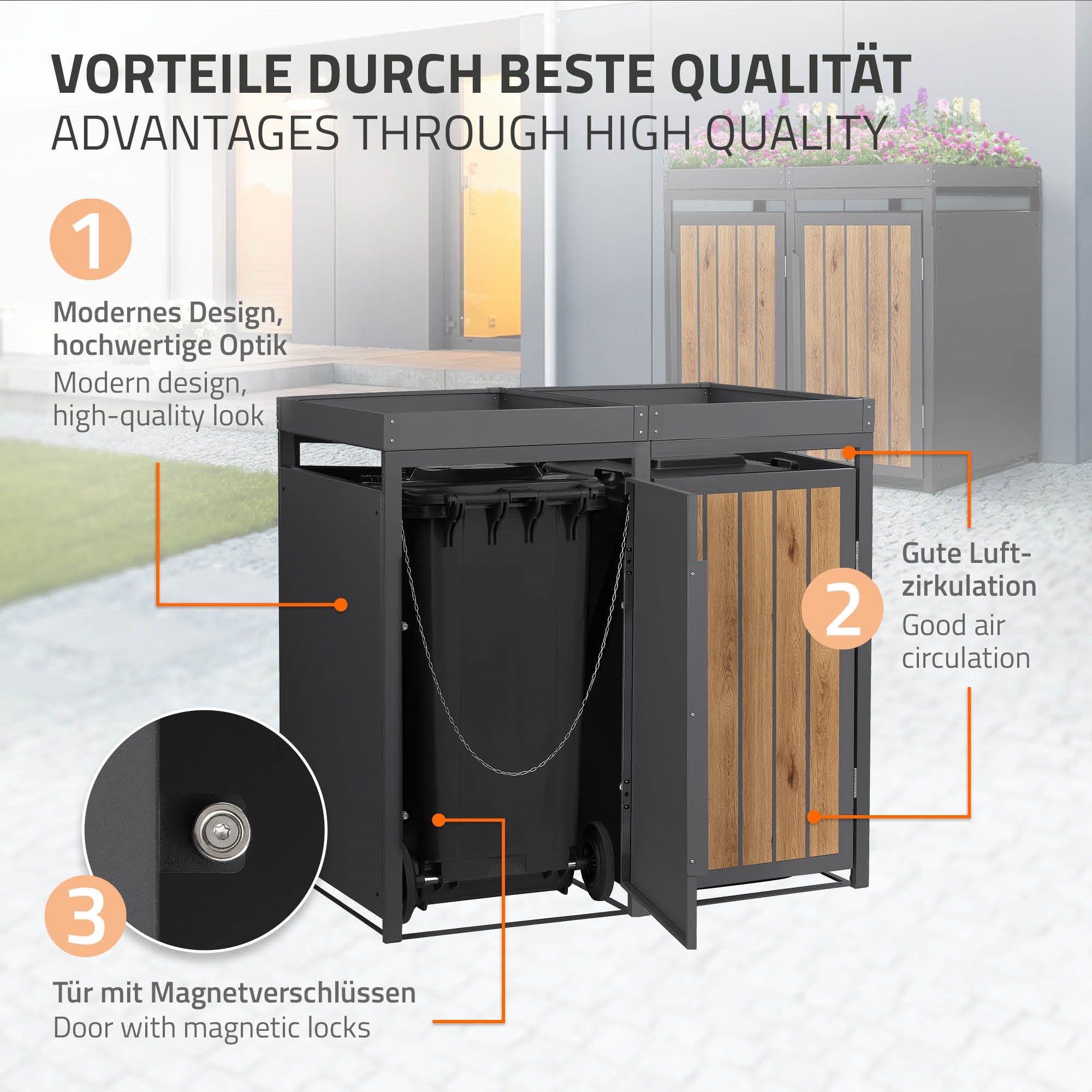 Graphique avec les avantages d'un produit, y compris un design moderne et une bonne ventilation.