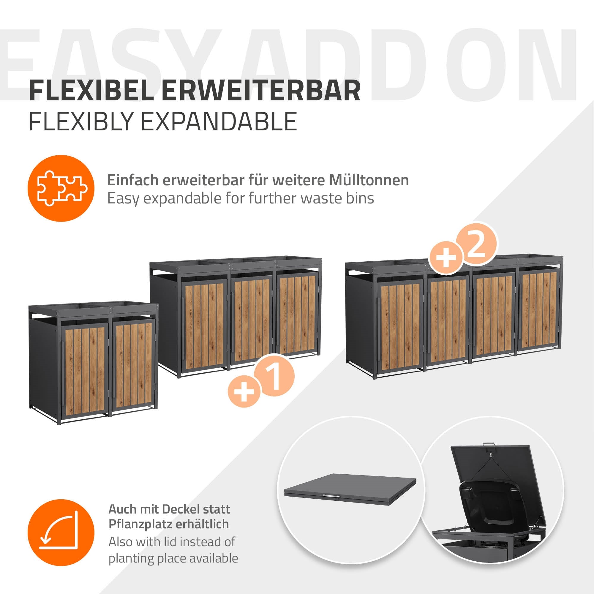 Graphique sur l'extensibilité flexible d'une boîte à poubelles avec couvercle.