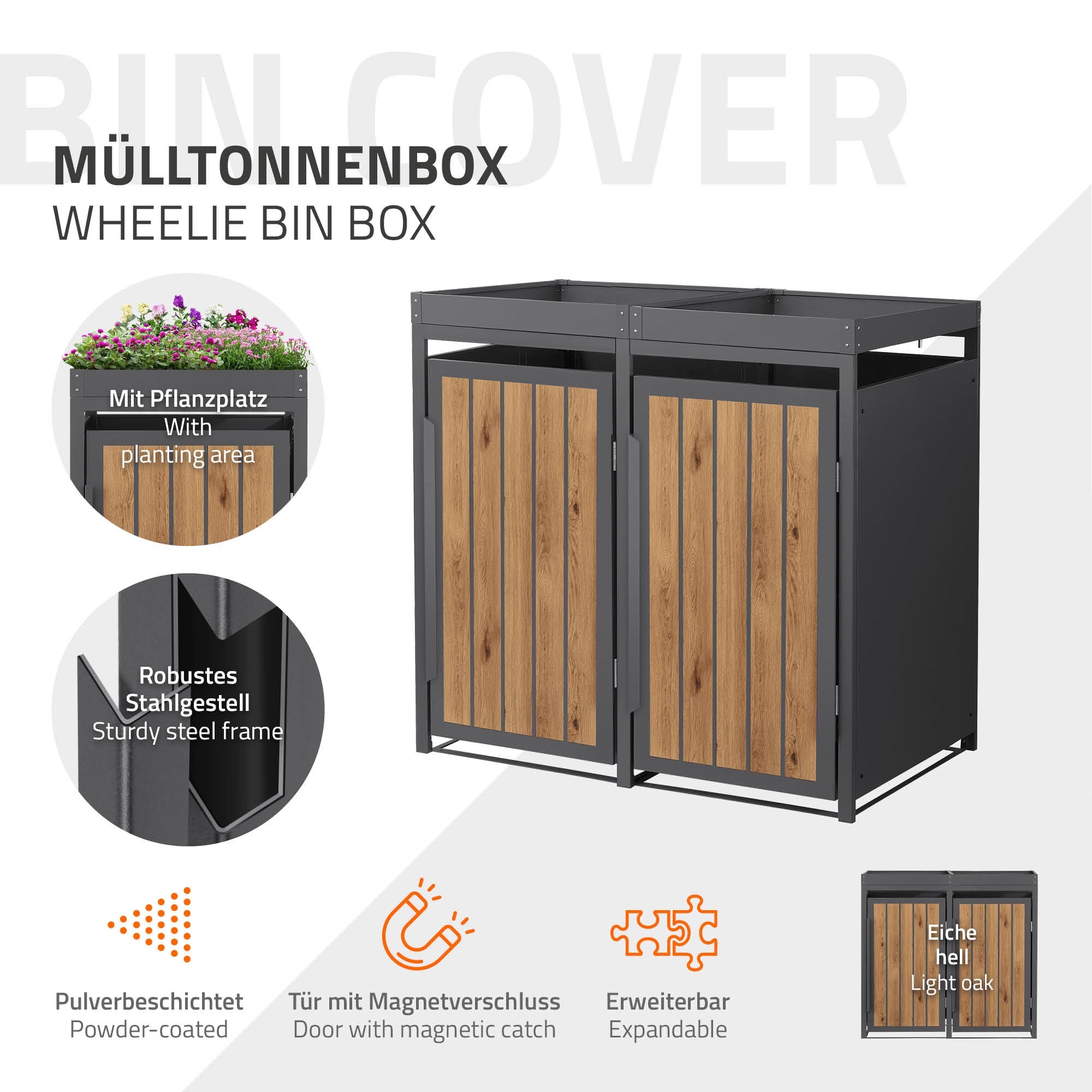 Eine Mülltonnenbox mit Holzfront und Informationen zu den Materialien.
