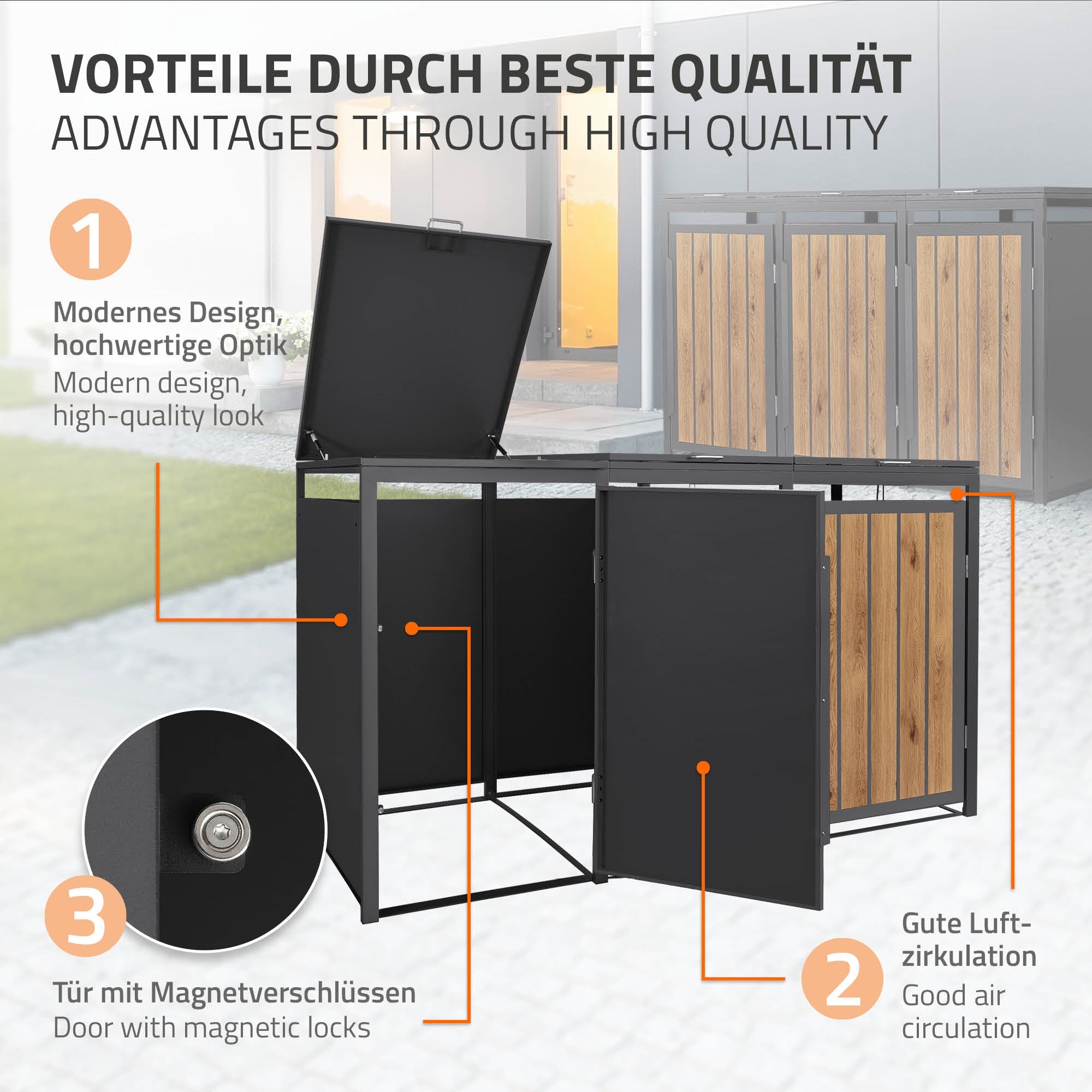 Grafik mit Vorteilen einer Mülltonnenbox, modernem Design und guter Luftzirkulation.