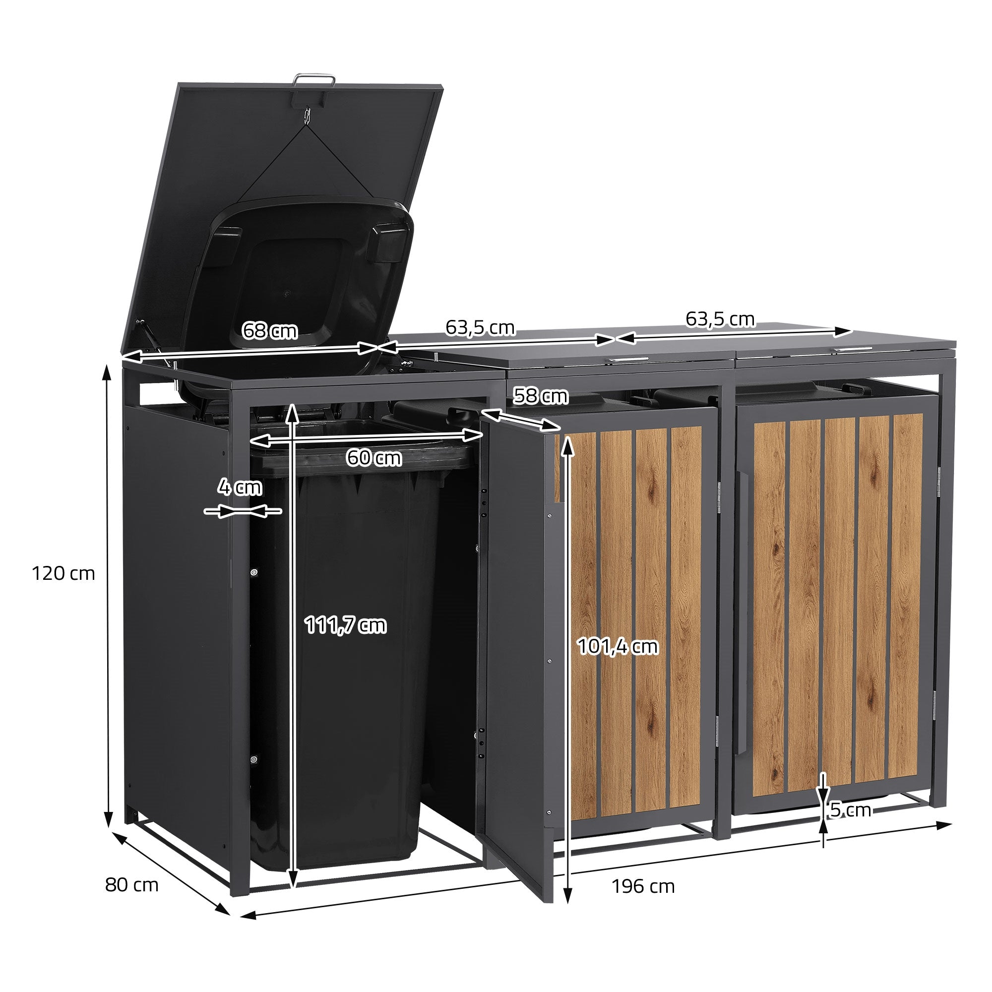 Mülltonnenbox geöffnet, zeigt Innenraum mit Mülltonne und Abmessungen.