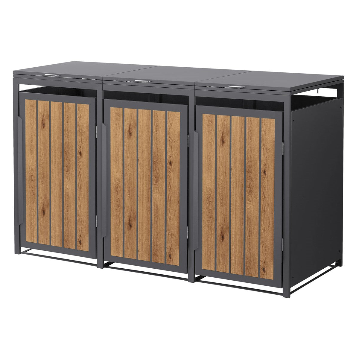 Drei Mülltonnenboxen mit Holzoptik und Metallrahmen.
