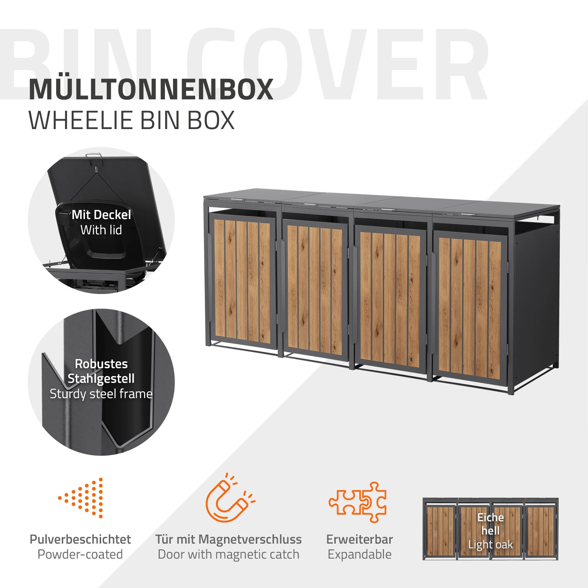 Grafik einer Mülltonnenbox mit Deckel und stabiler Stahlkonstruktion.