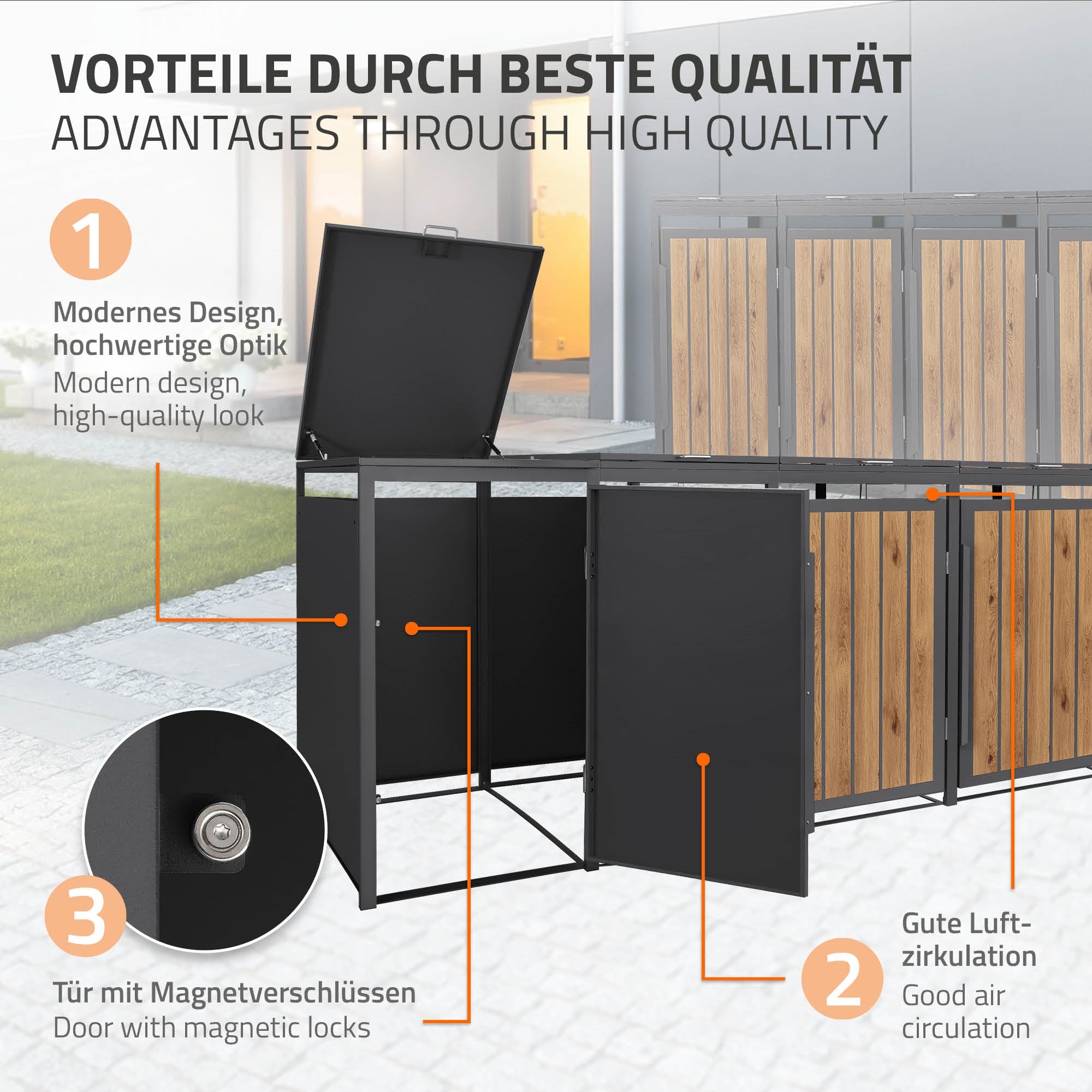 Infografik zu einem Abfallbehälter mit Vorteilen und Designmerkmalen.