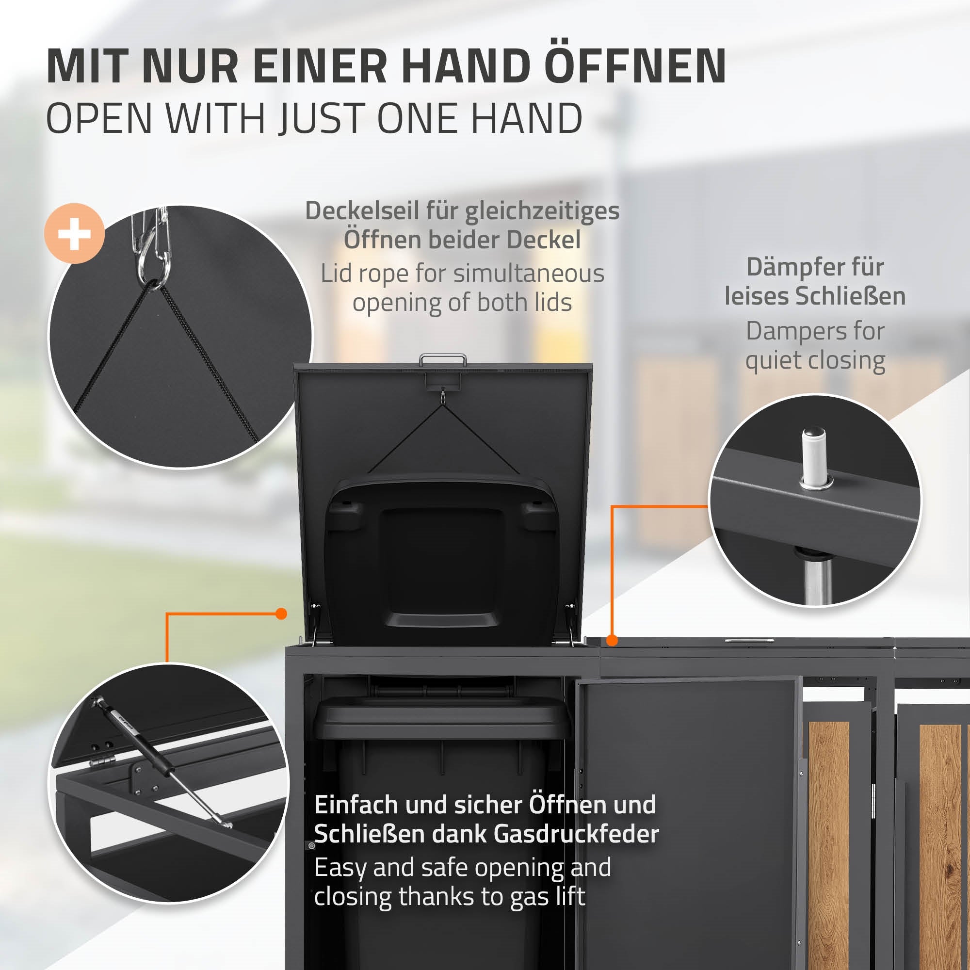 Abbildung eines Abfallbehälters mit offenem Deckel und Dämpfer.