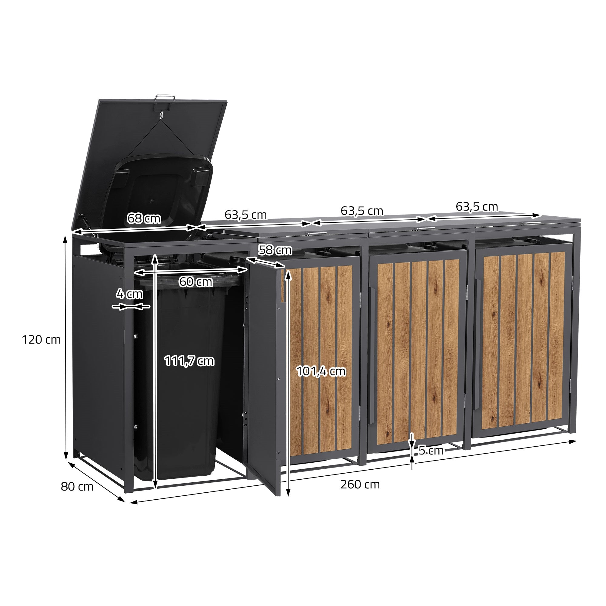 Mülltonnenbox mit Abmessungen und Platz für Mülltonnen, Deckel offen.