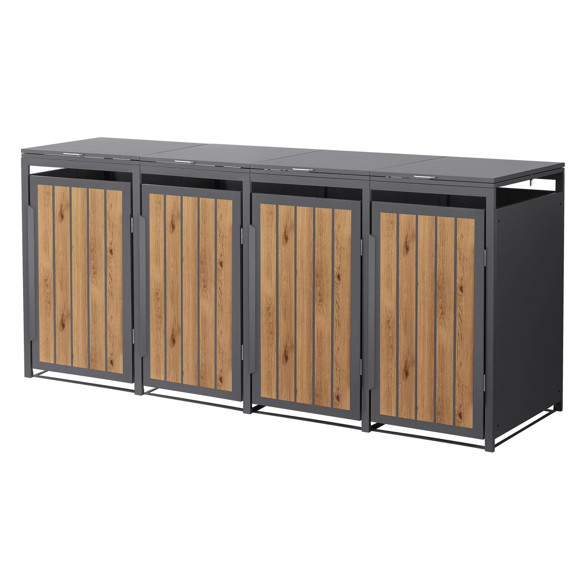 Vier Mülltonnenboxen mit Holzverkleidung und Metallrahmen.