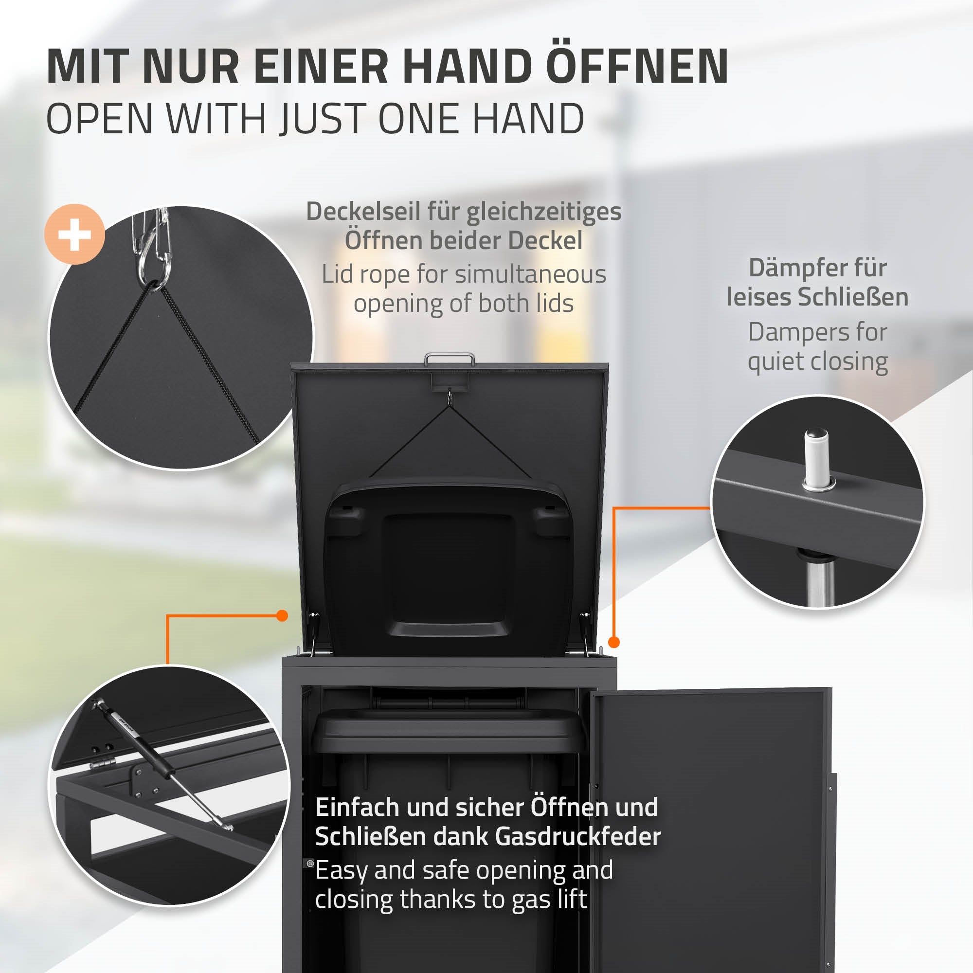 Mülltonnenbox mit geöffnetem Deckel, der mit einer Hand bedient werden kann.
