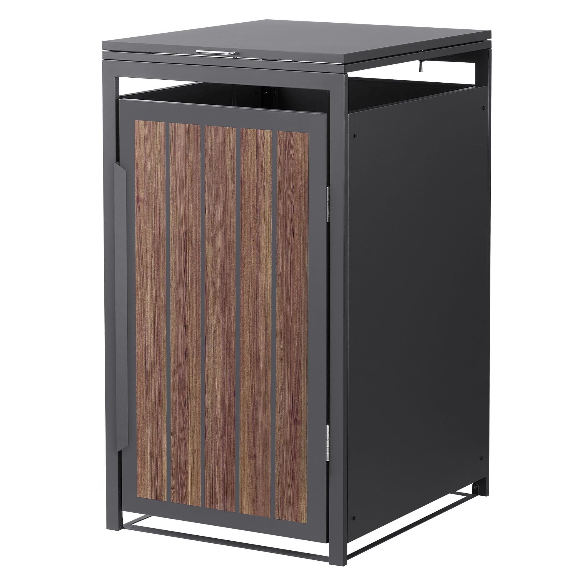 Einzelne Mülltonnenbox in dunklem Grau mit Holzoptik.