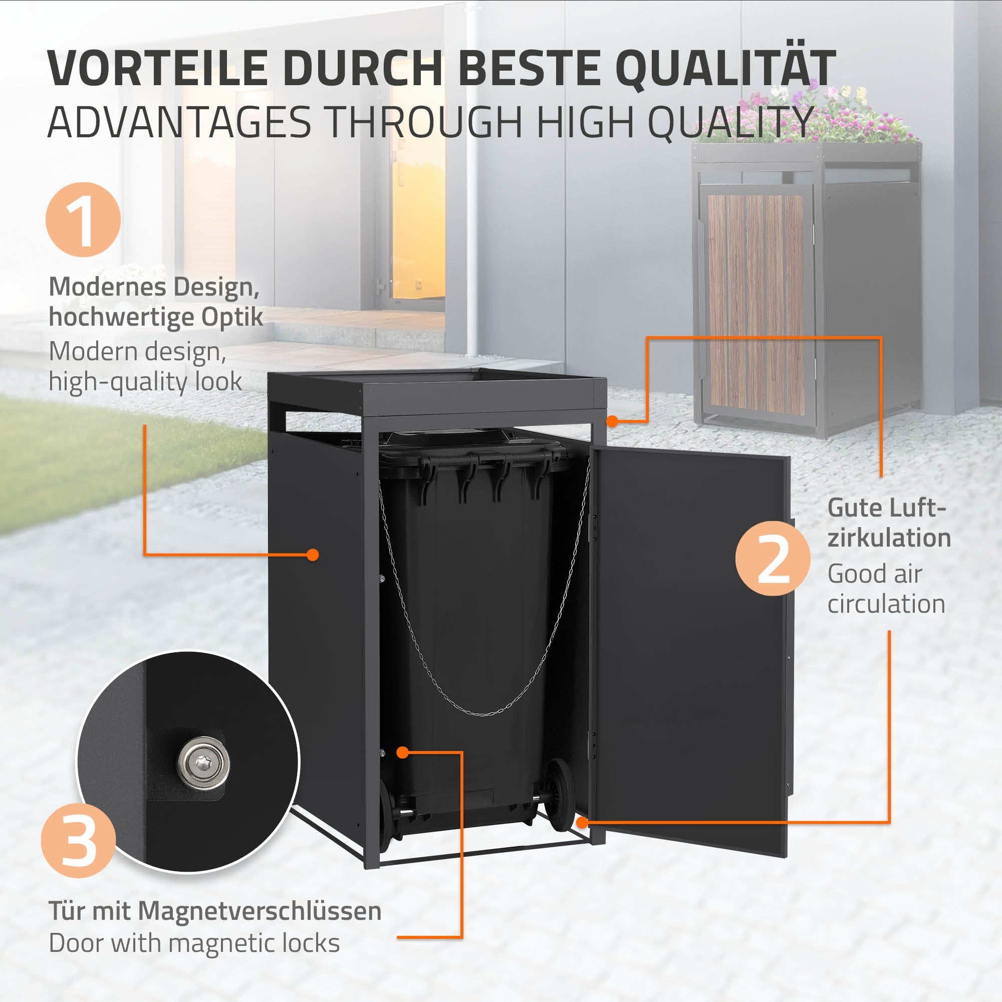 Mülltonnenbox mit modernem Design und geöffneter Tür.