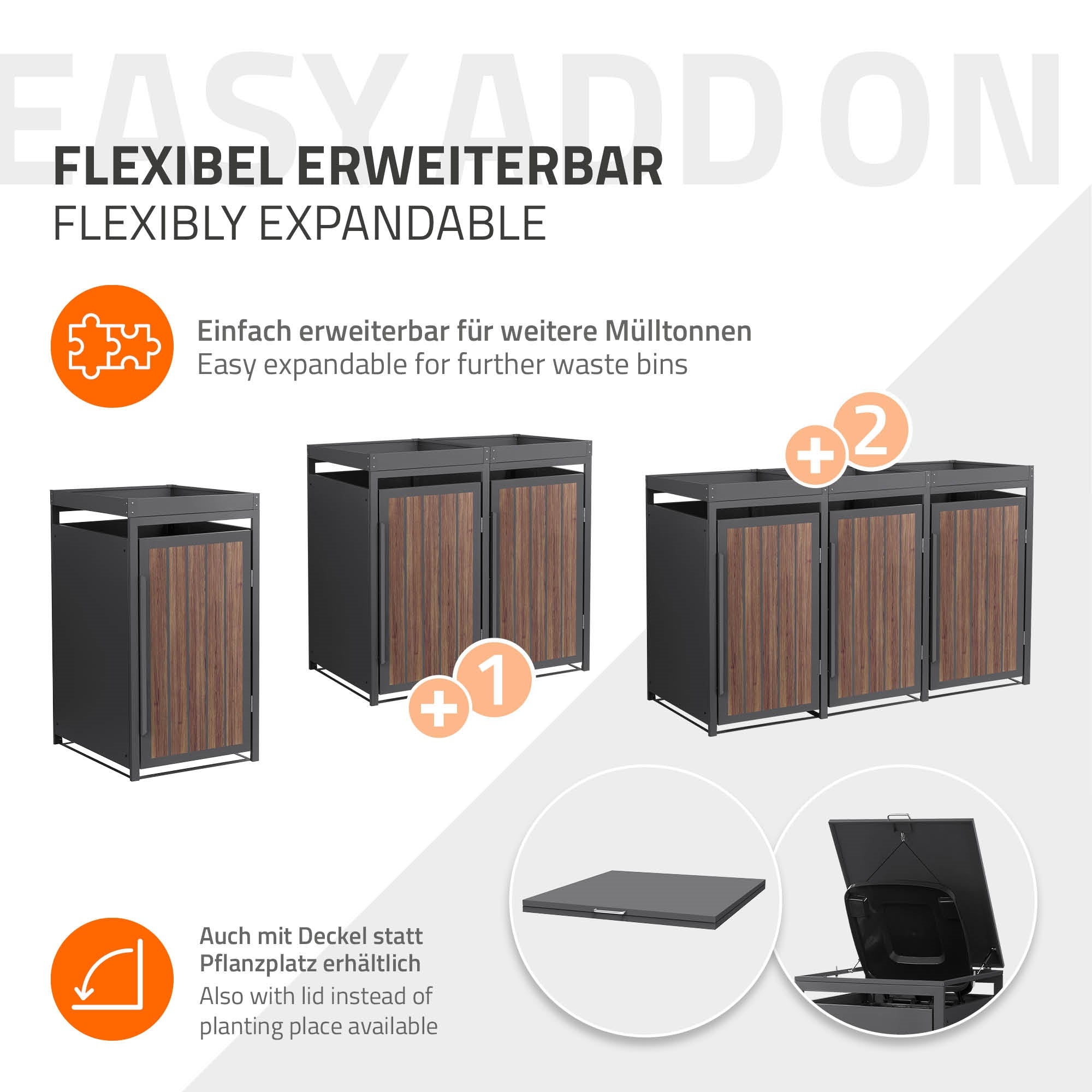 Grafik zur Erweiterbarkeit der Mülltonnenbox mit zusätzlichen Modulen.