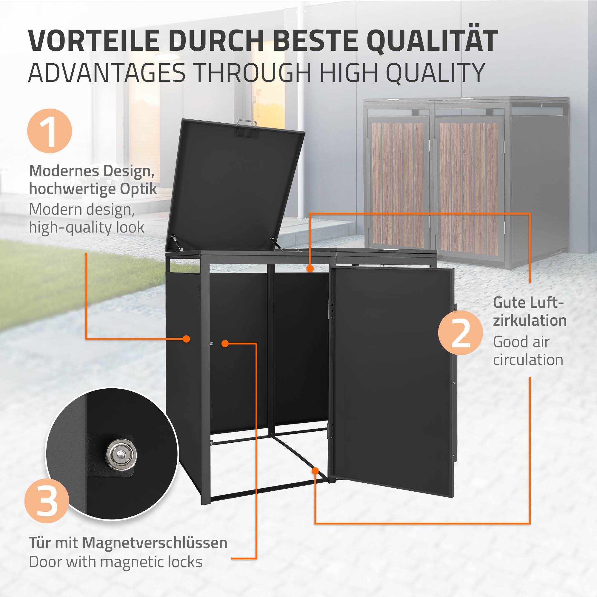 Mülltonnenbox mit modernem Design und guter Luftzirkulation.