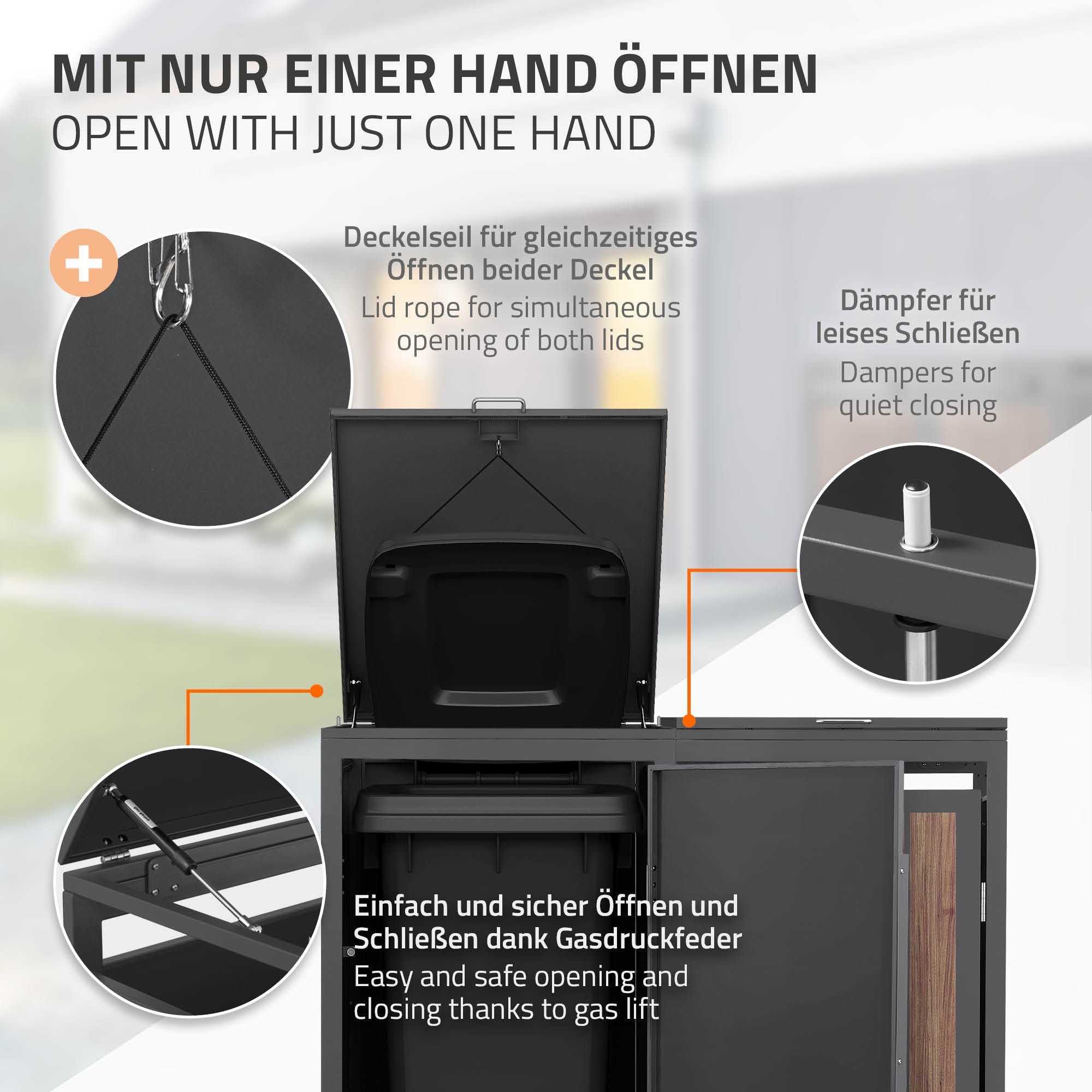 Abbildung eines Abfallbehälters mit geöffnetem Deckel und Dämpfer.