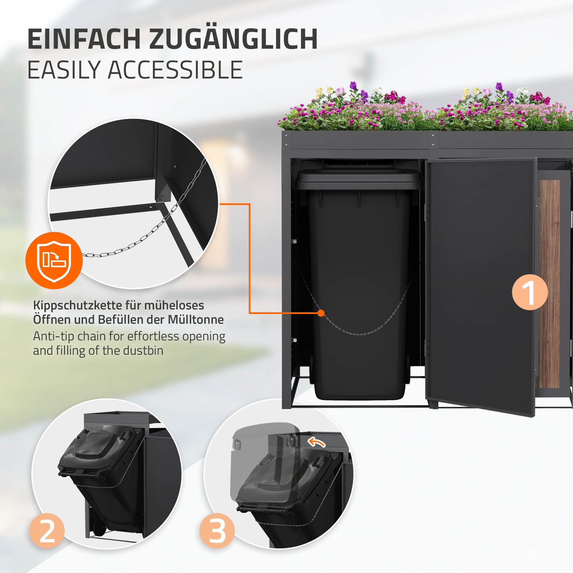Grafik zur Zugänglichkeit einer Mülltonnenbox mit Kipp- und Schutzkette.