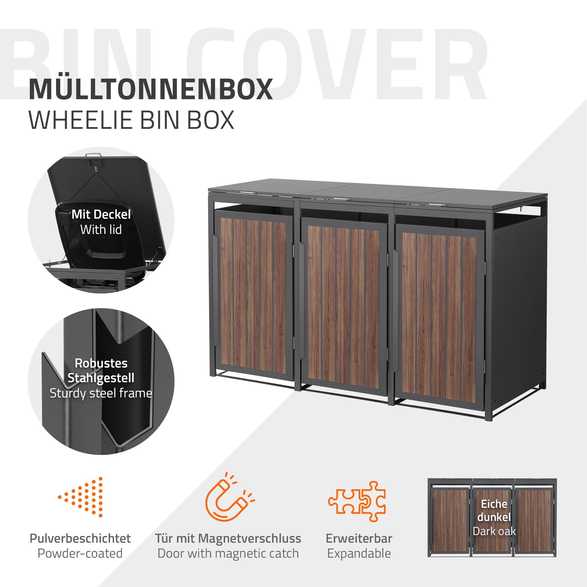 Mülltonnenbox mit Deckel, aus Stahl, mit Holzoptik, in einem modernen Design.
